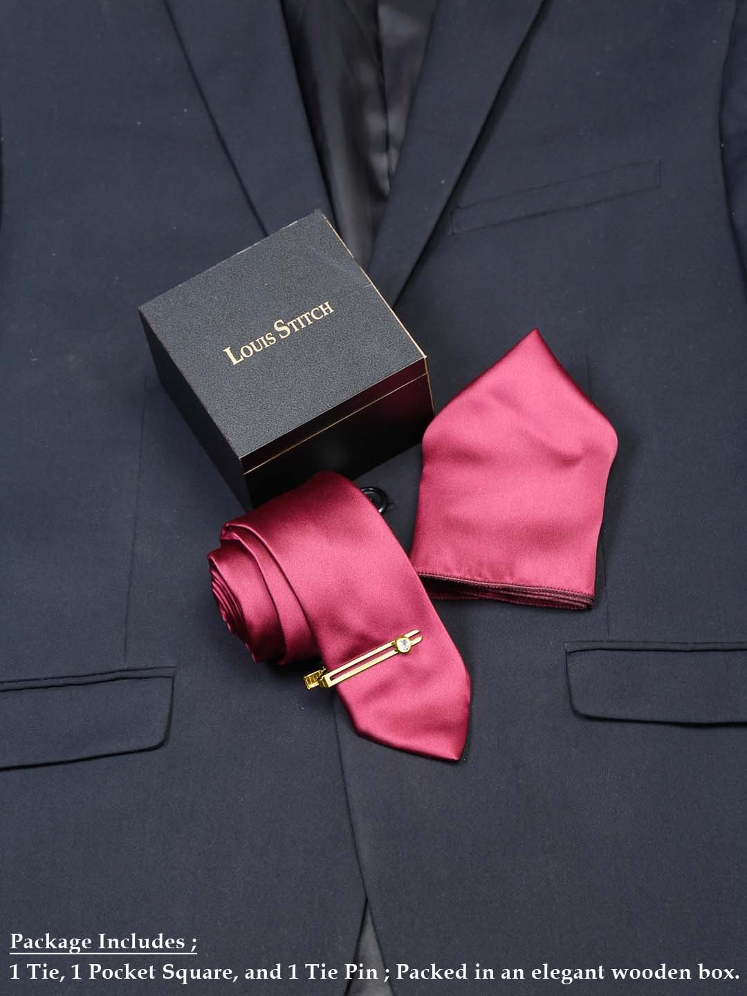 

LOUIS STITCH Men Italian Silk Necktie Accessory Gift Set, Maroon