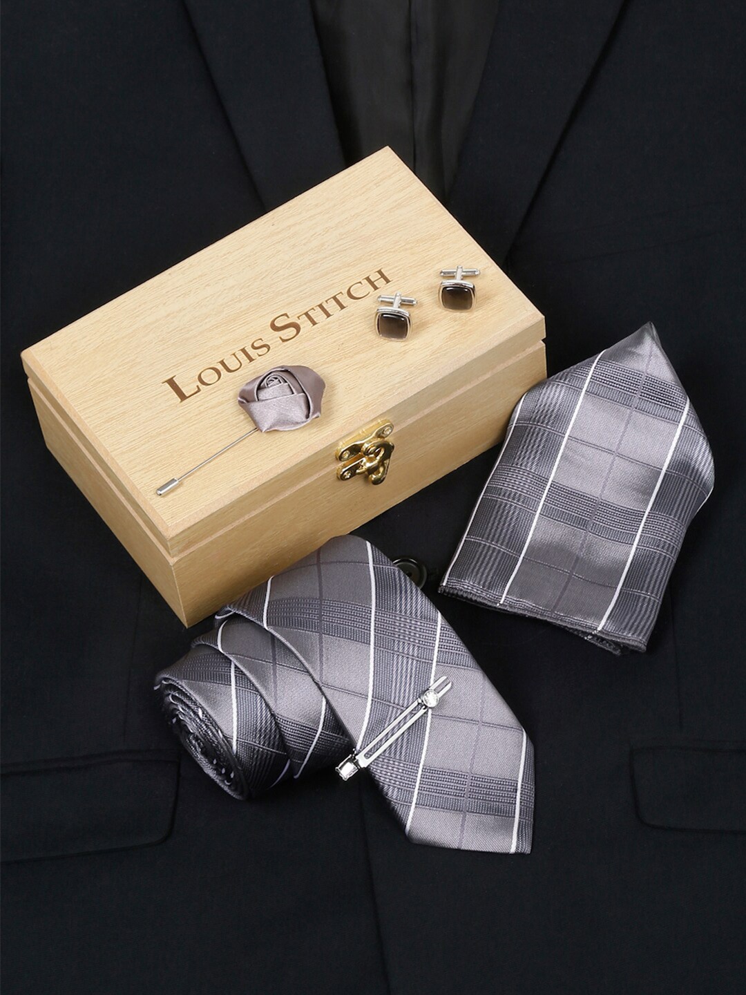 

LOUIS STITCH Men Checked Silk Accessory Gift Set, Grey