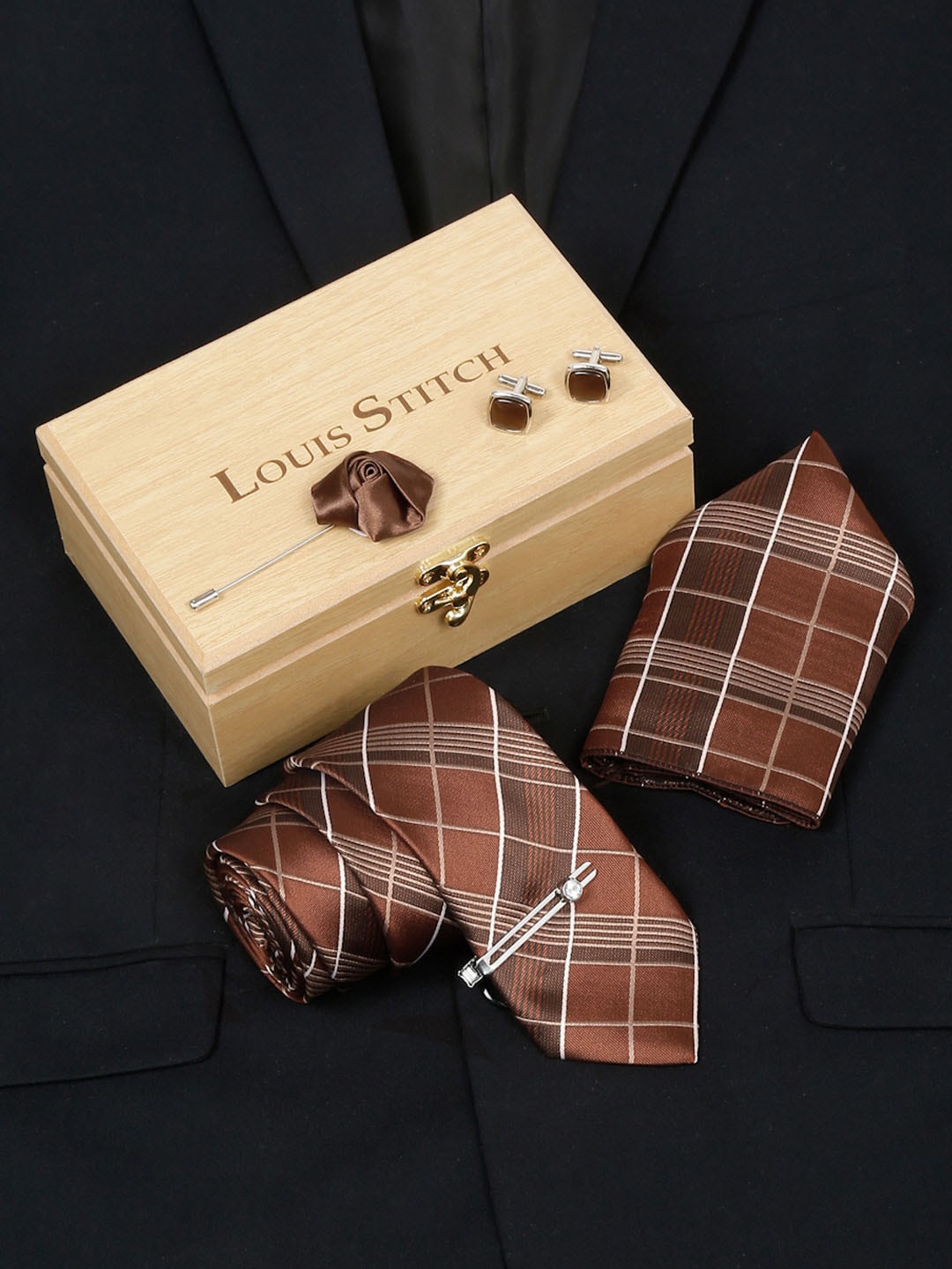 

LOUIS STITCH Men Checked Italian Silk Necktie Accessory Gift Set, Brown