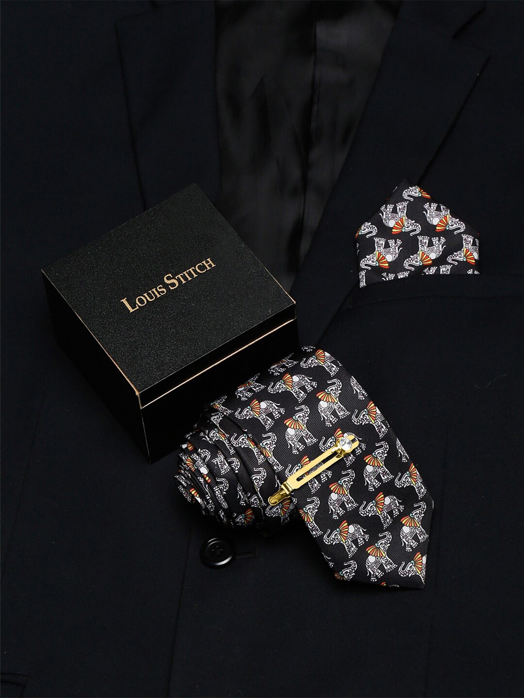 

LOUIS STITCH Men Printed Silk Accessory Gift Set, Black