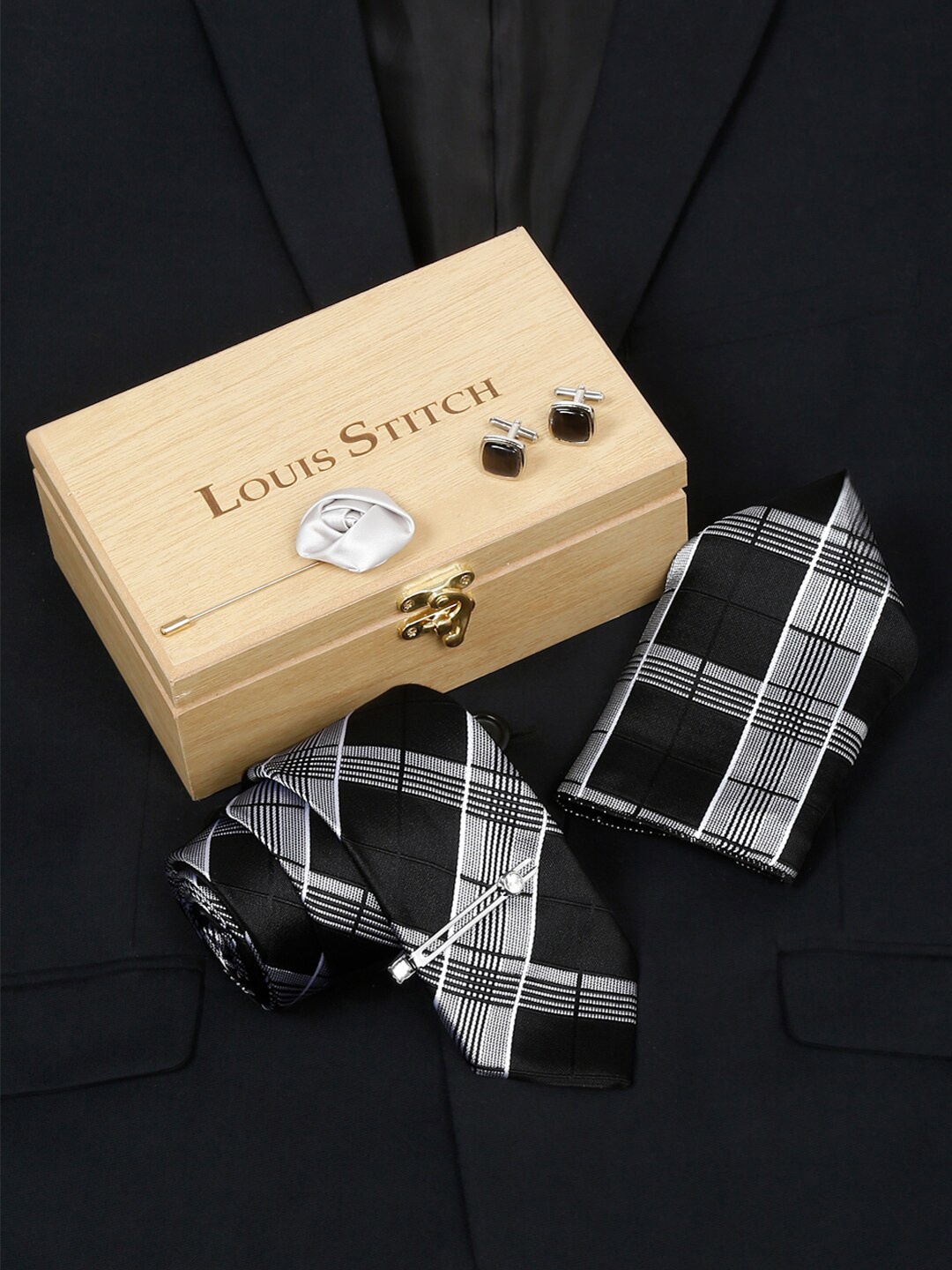 

LOUIS STITCH Men Checked Silk Accessory Gift Set, Black