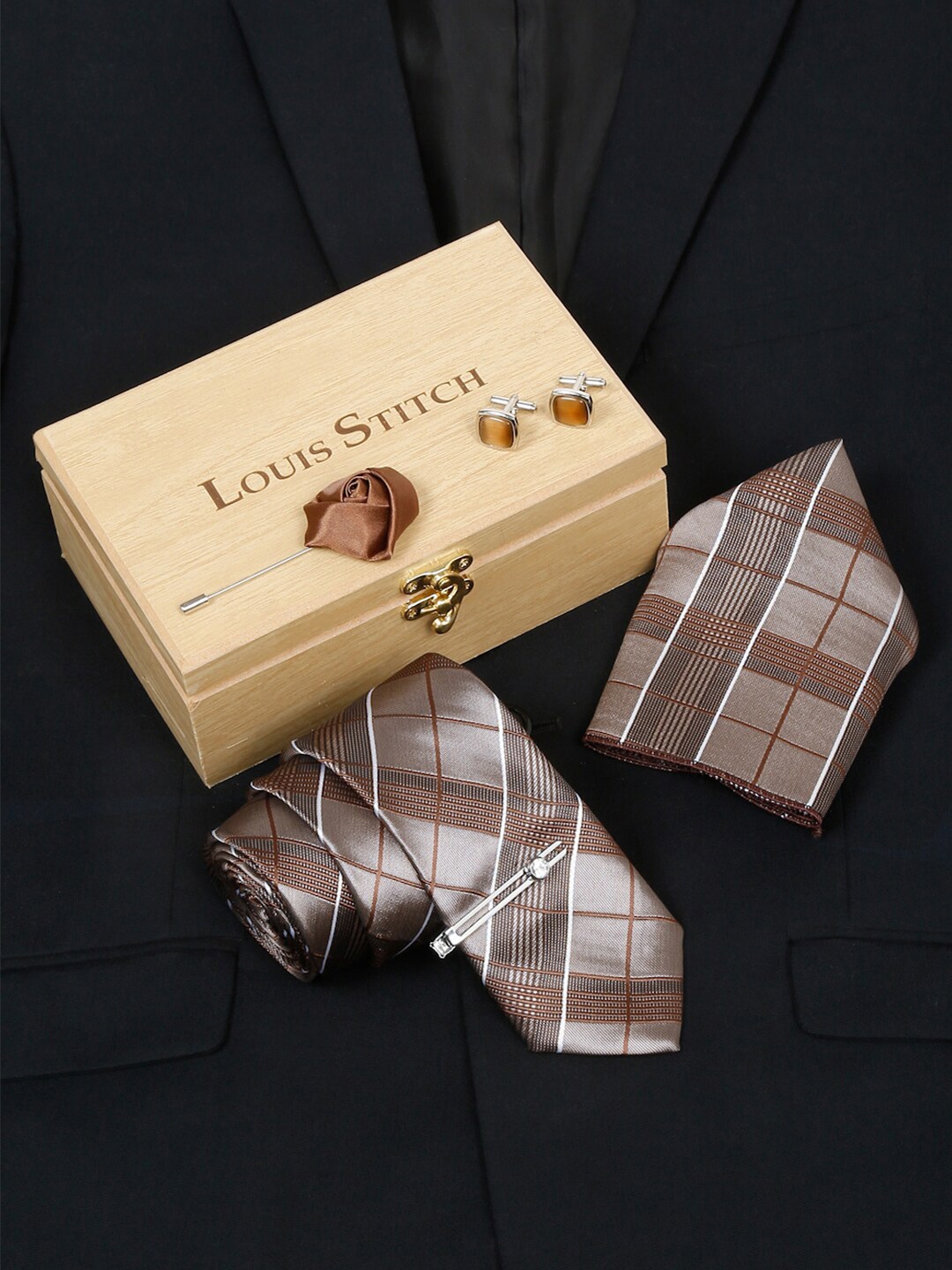 

LOUIS STITCH Men Checked Silk Accessories Gift Set, Brown