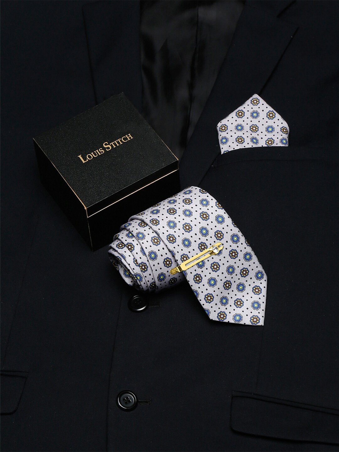 

LOUIS STITCH Men Geometric Printed Silk Necktie Accessory Gift Set, Cream