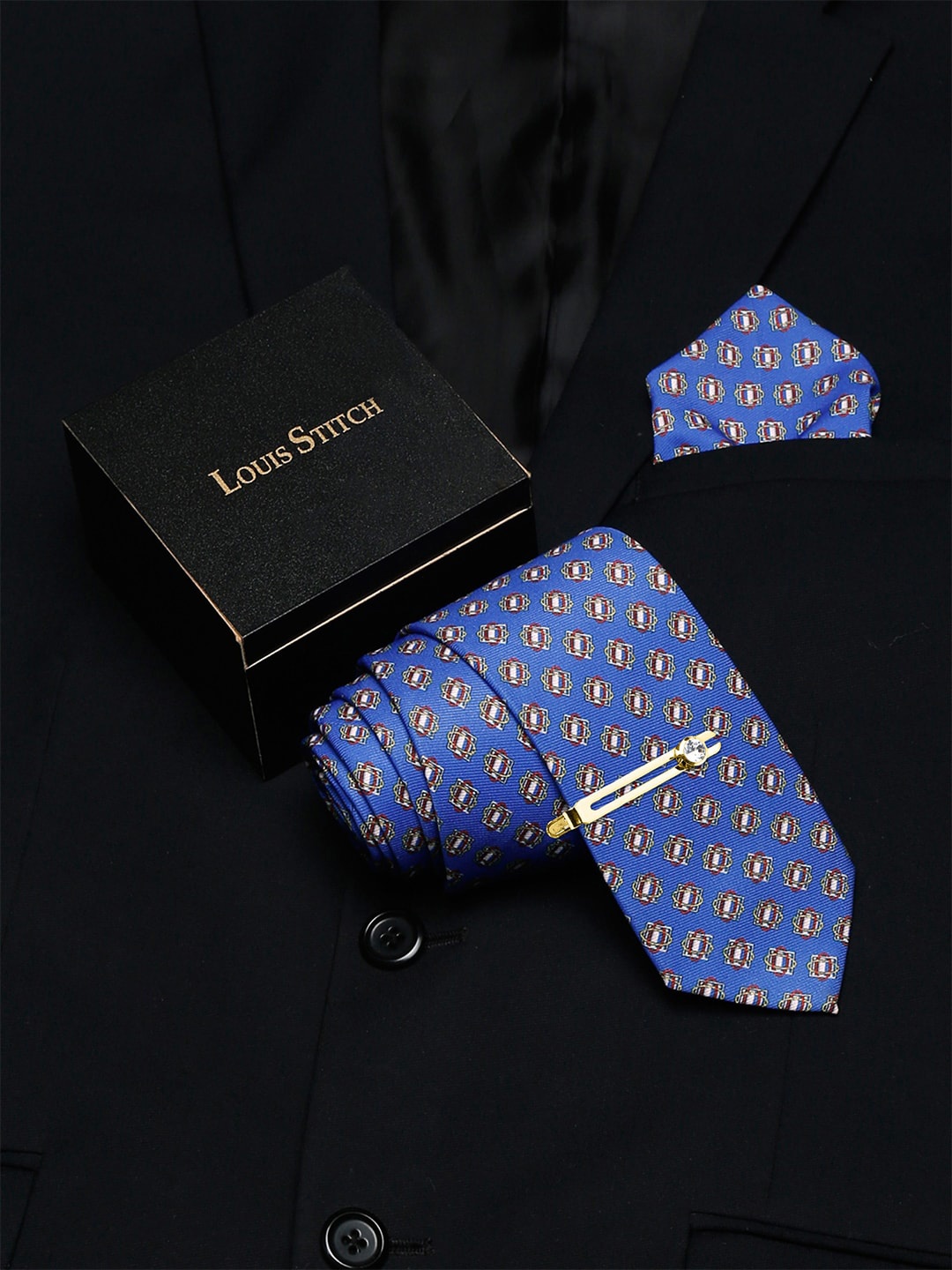 

LOUIS STITCH Men Printed Italian Silk Combo Accessory Gift Set, Blue