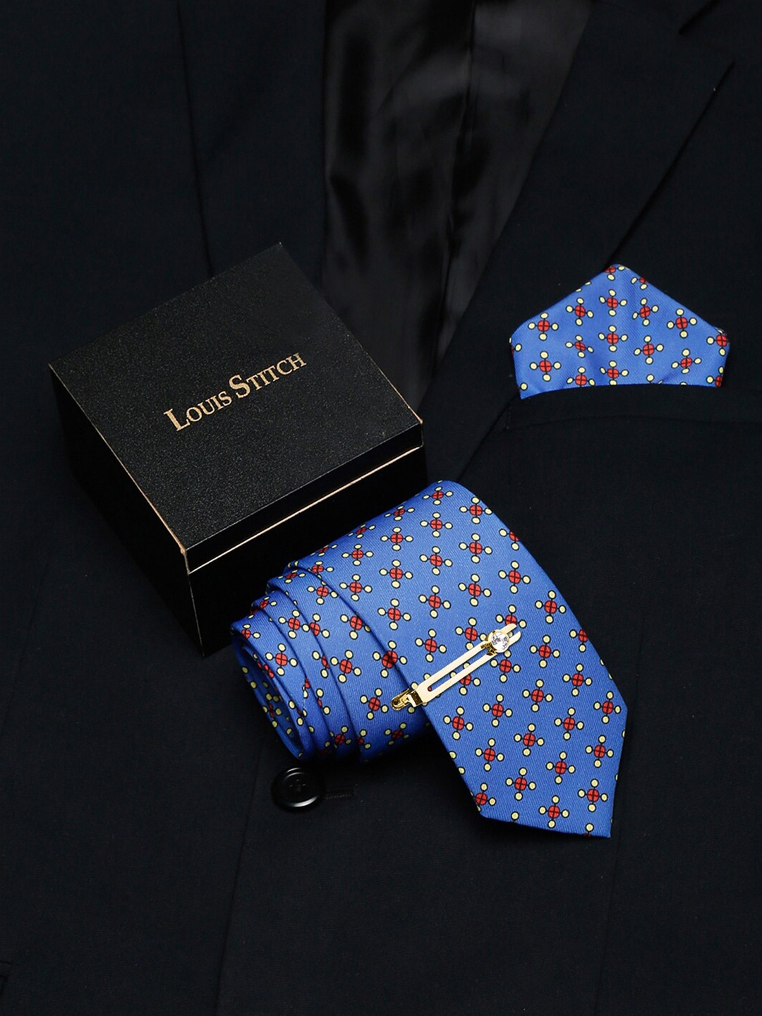 

LOUIS STITCH Men Geometric Printed Silk Necktie Accessory Gift Set, Blue