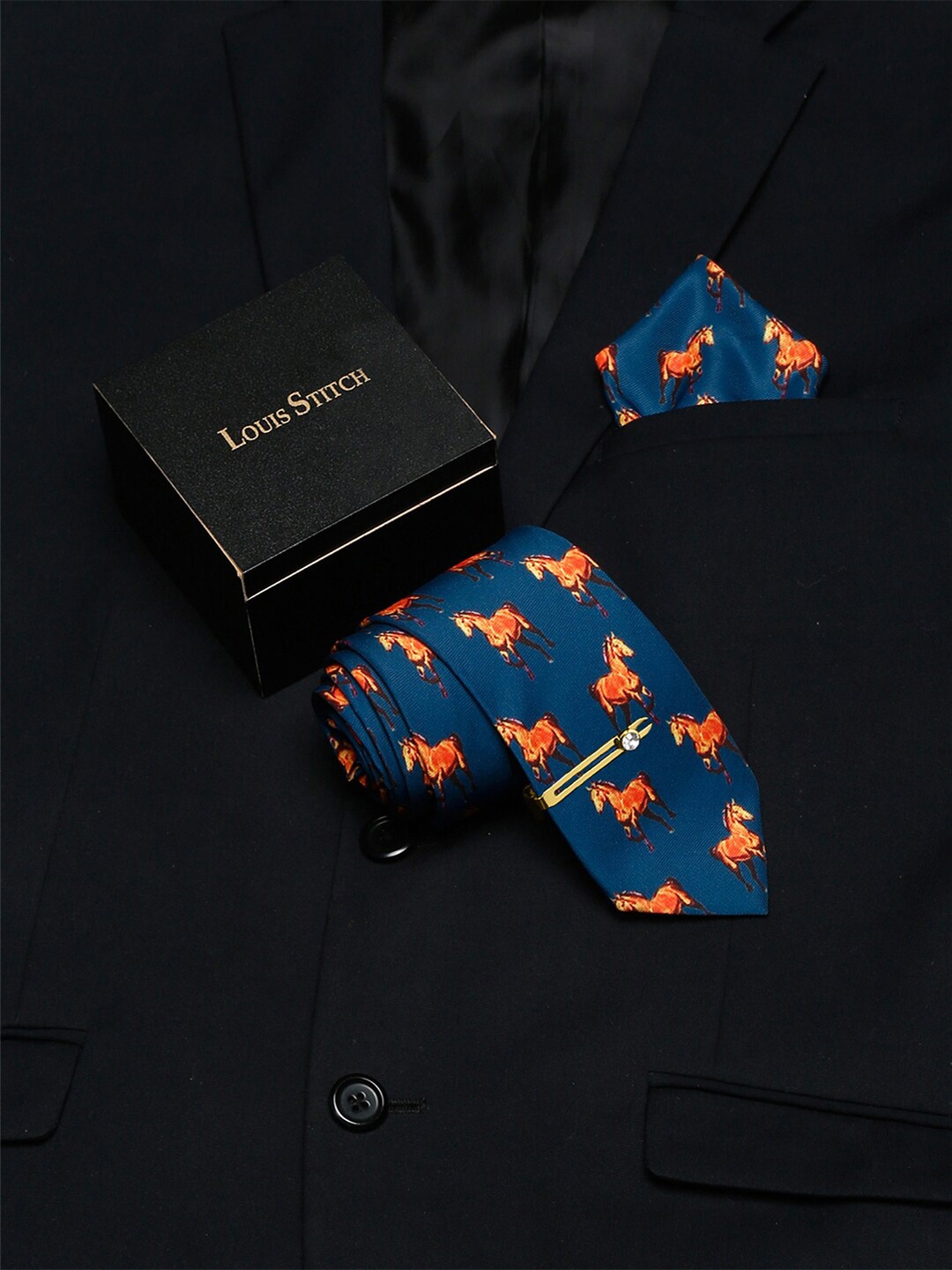 

LOUIS STITCH Men Printed Italian Silk Necktie Accessory Gift Set, Blue
