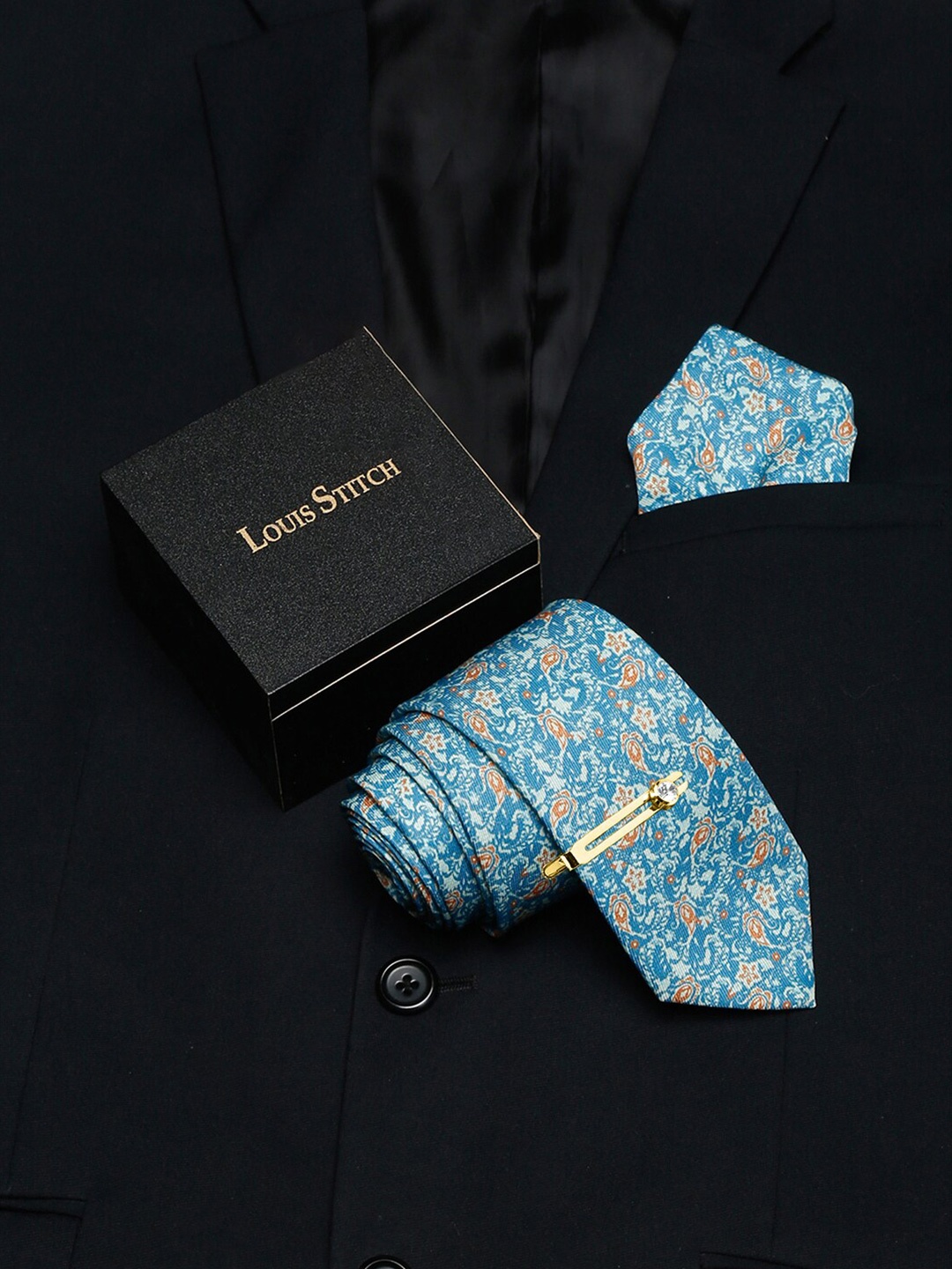 

LOUIS STITCH Men Ethnic Motifs Printed Silk Necktie Accessory Gift Set, Blue