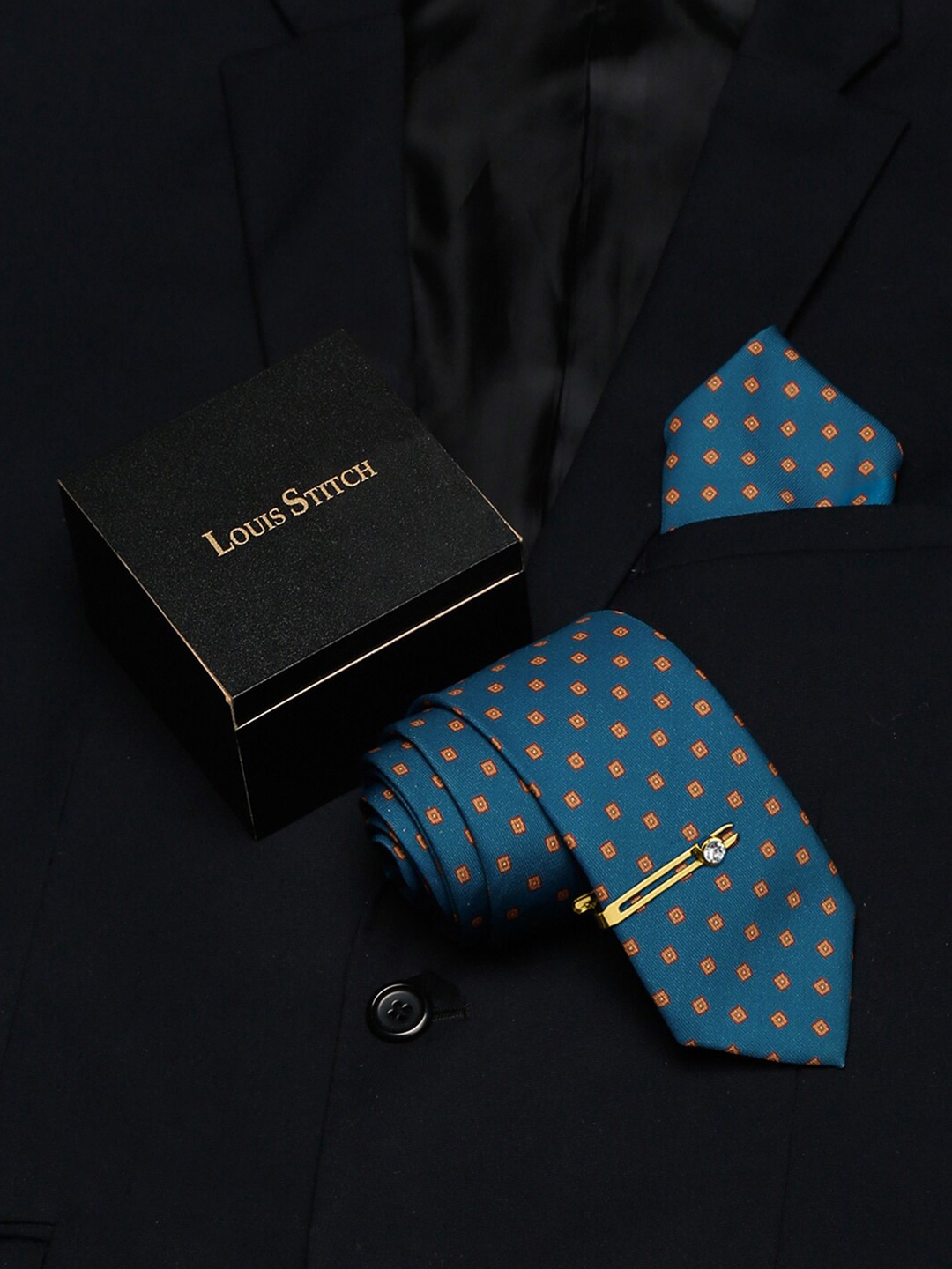 

LOUIS STITCH Men Printed Silk Accessories Gift Set, Blue