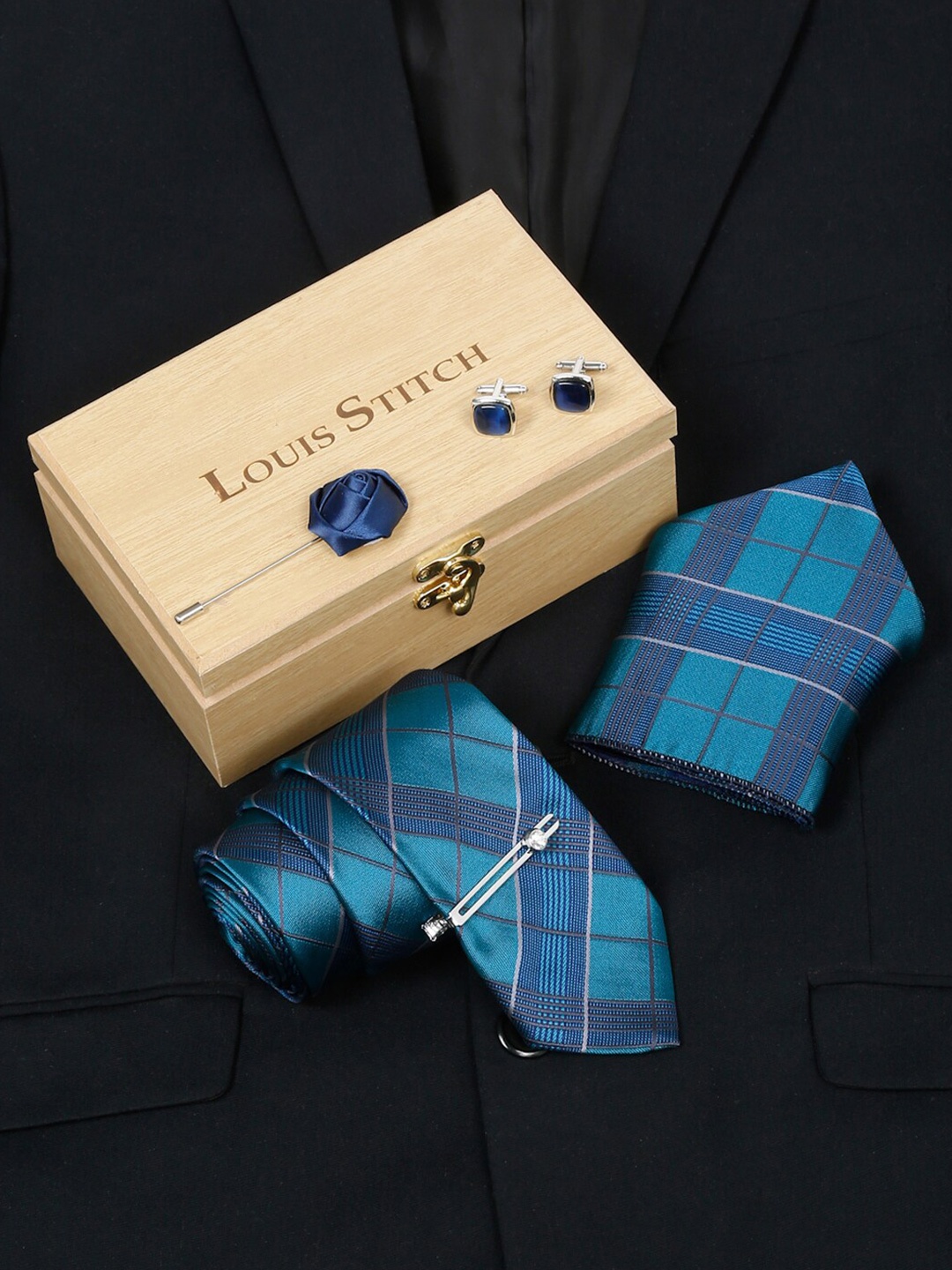 

LOUIS STITCH Men Checked Silk Necktie Accessories Gift Set, Blue