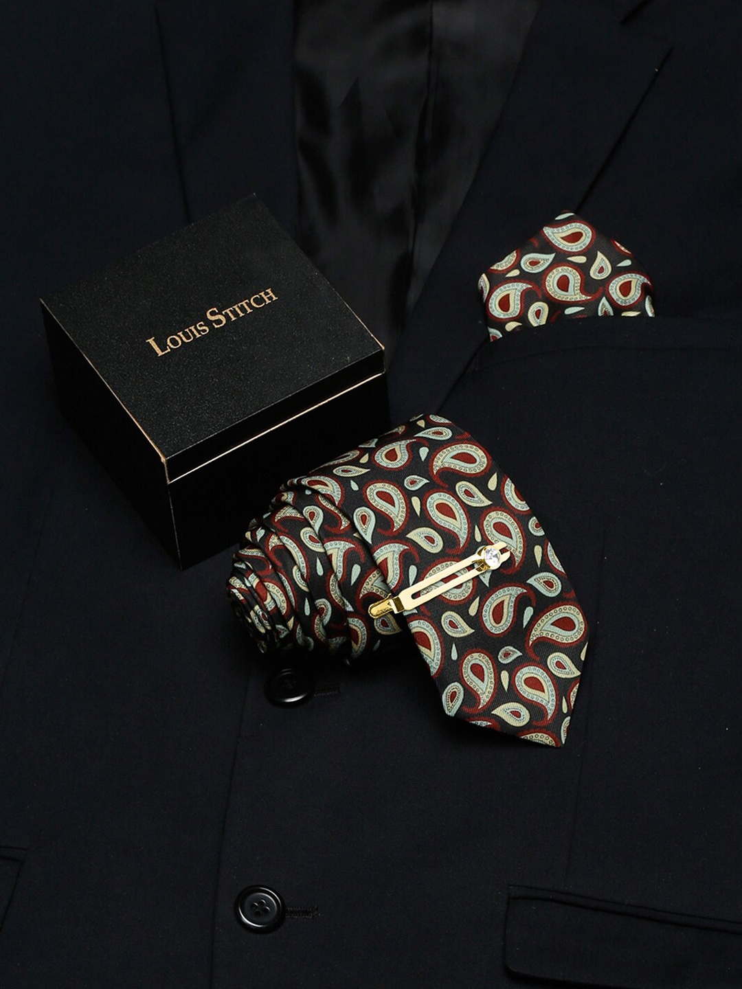 

LOUIS STITCH Men Printed Italian Silk Necktie Accessory Gift Set, Black