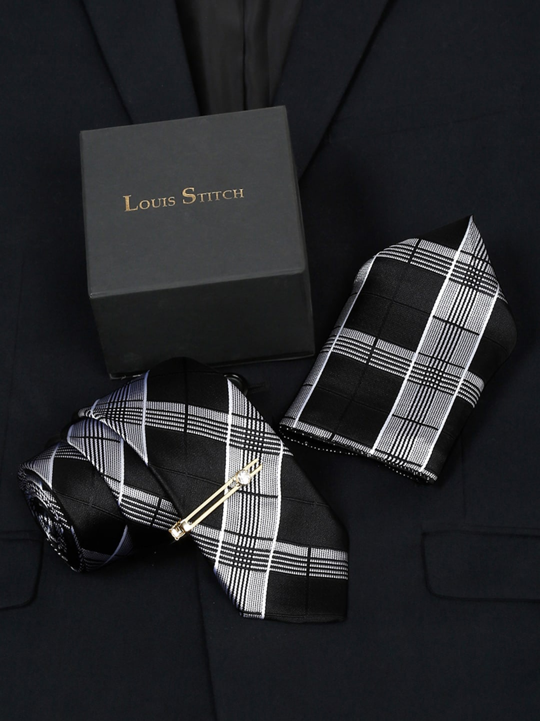 

LOUIS STITCH Men Checked Italian Silk Necktie Accessory Gift Set, Black
