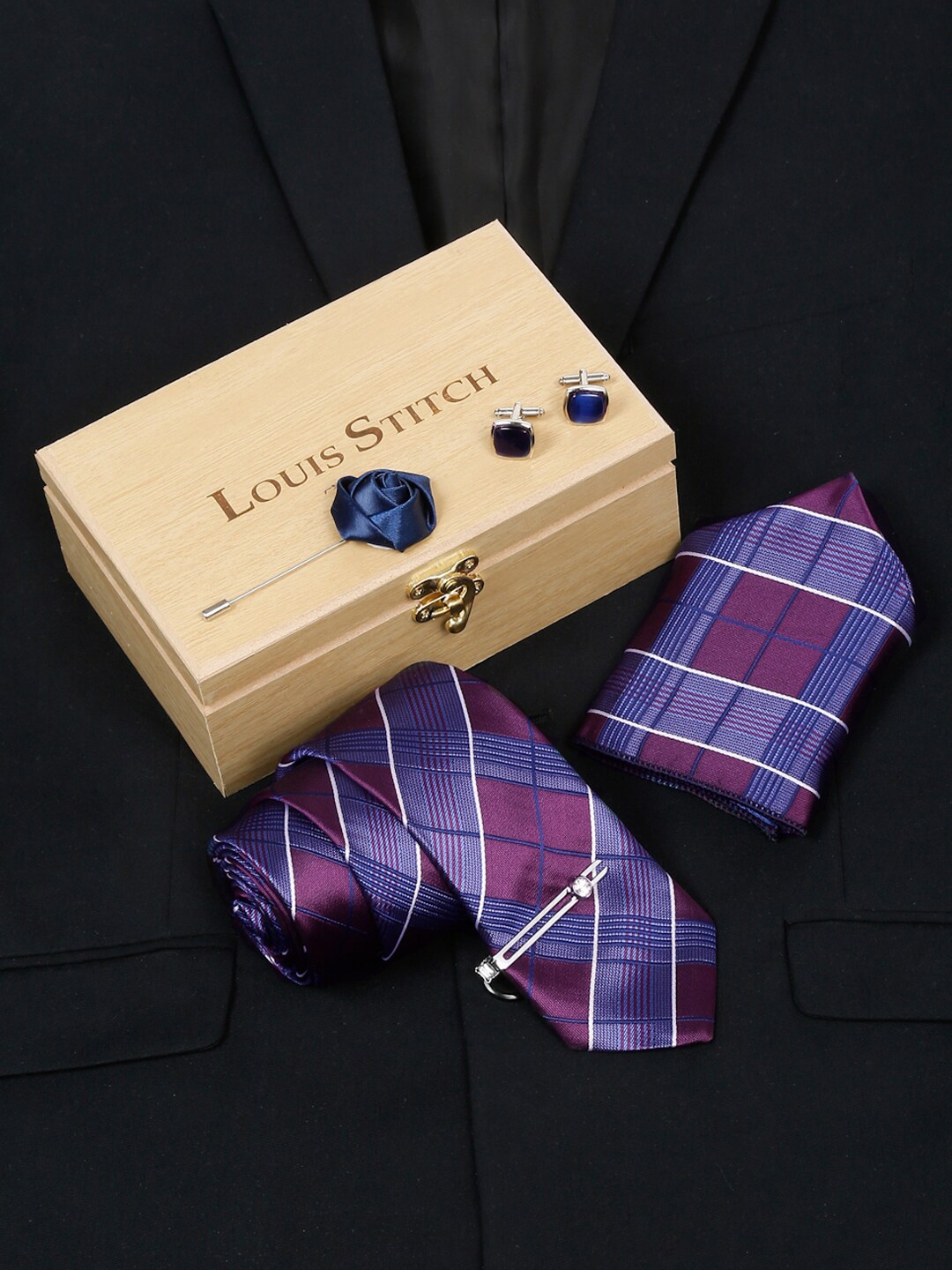 

LOUIS STITCH Men Checked Italian Silk Necktie Accessory Gift Set, Blue