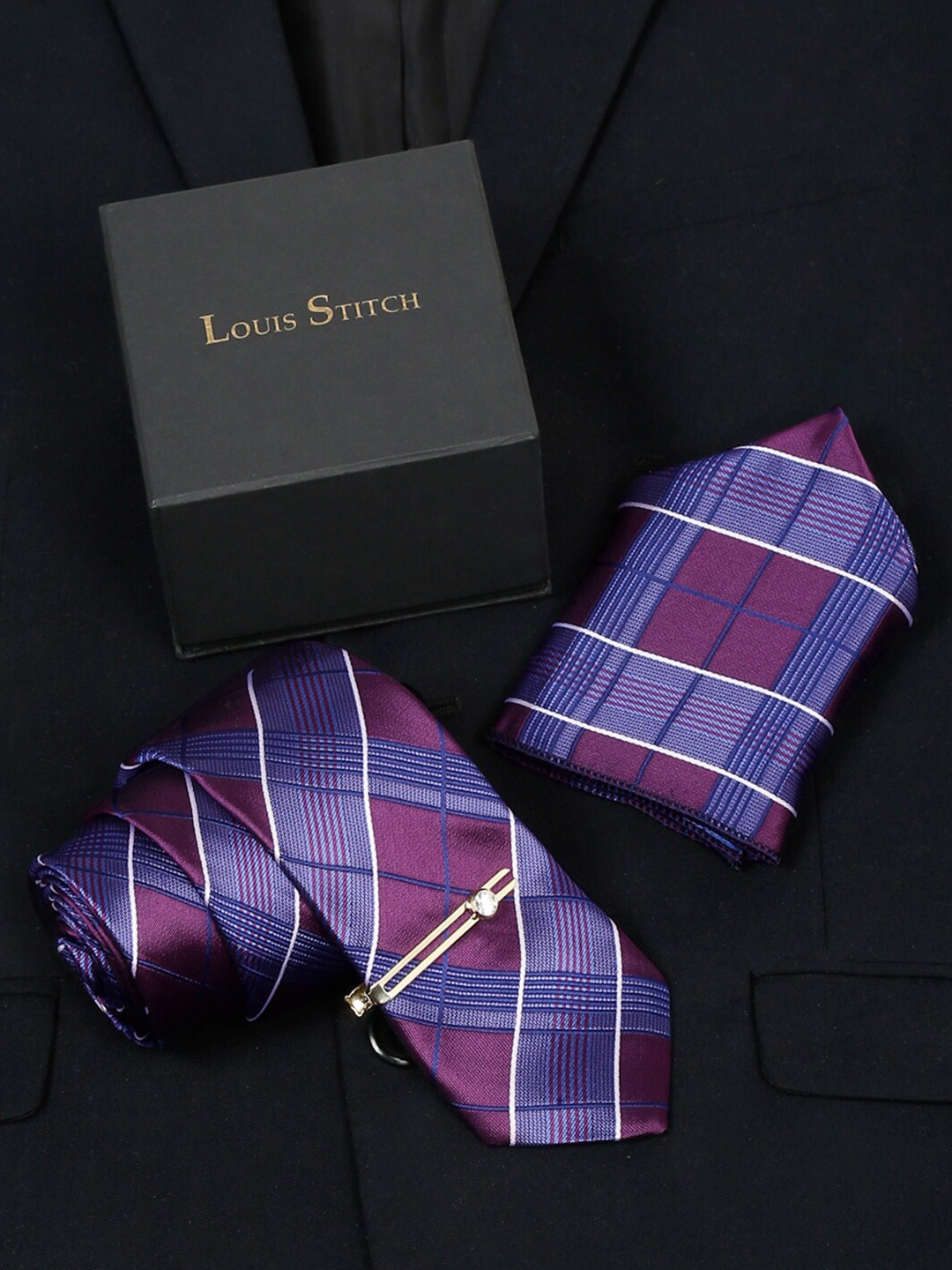 

LOUIS STITCH Men Checked Silk Necktie Accessory Gift Set, Blue
