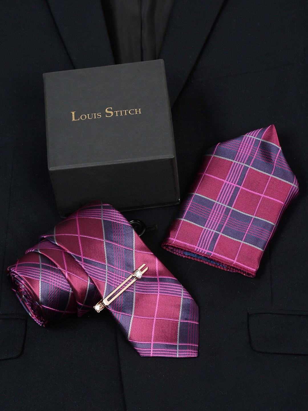 

LOUIS STITCH Men Checked Silk Accessory Gift Set, Pink
