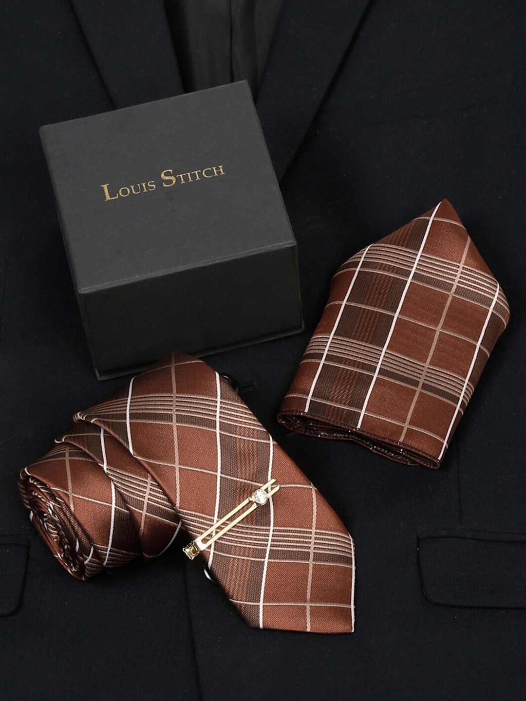 

LOUIS STITCH Men Checked Italian Silk Necktie Accessory Gift Set, Brown