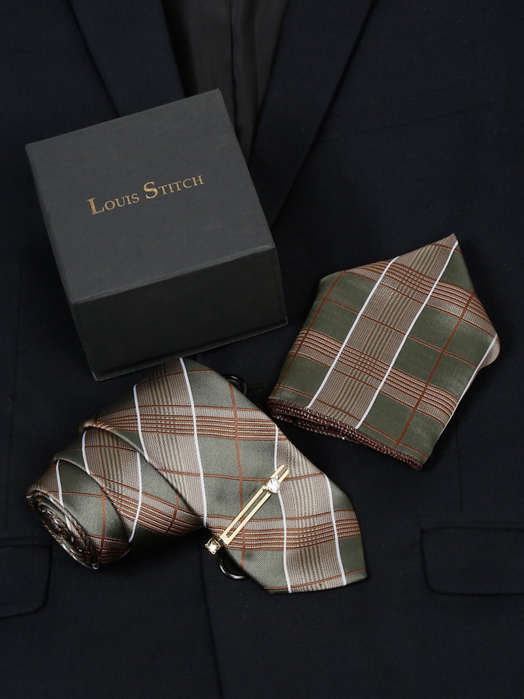 

LOUIS STITCH Men Checked Italian Silk Necktie Accessory Gift Set, Green