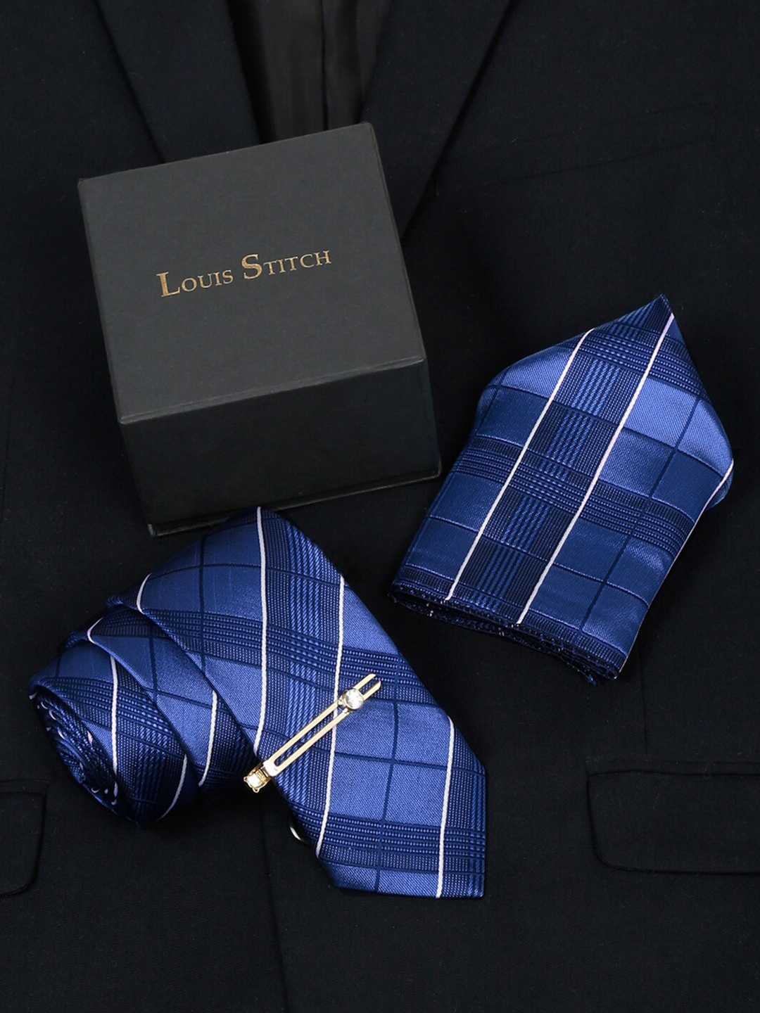 

LOUIS STITCH Men Checked Silk Accessory Gift Set, Blue