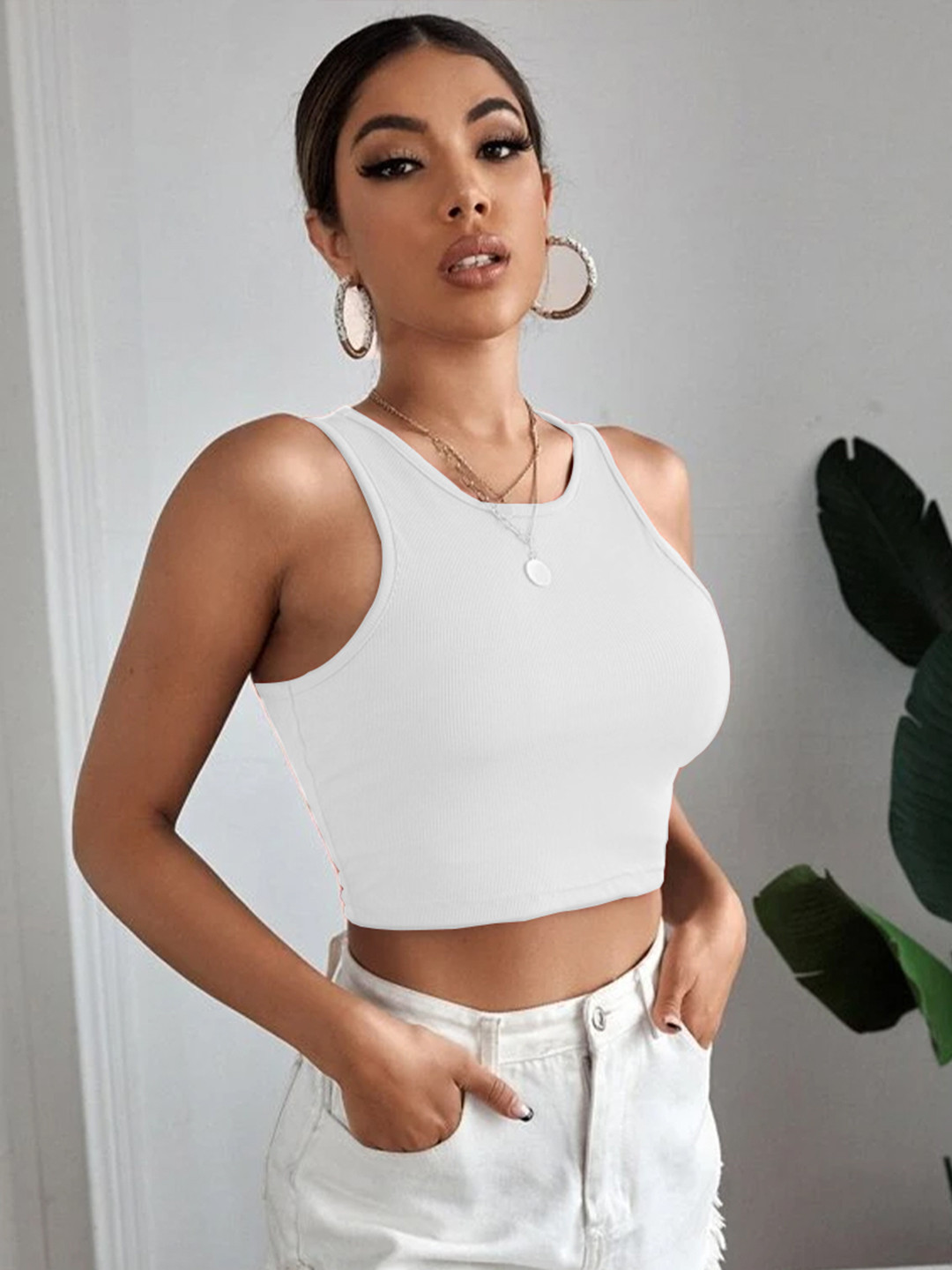 

BAESD Round Neck Sleeveless Tank Crop Top, White