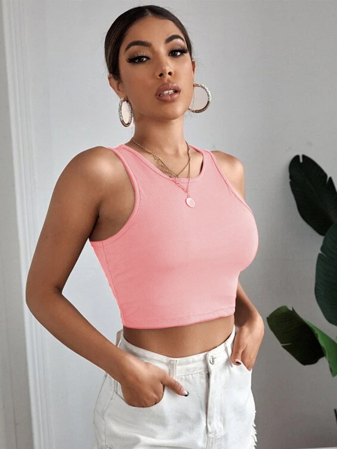 

BAESD Round Neck Opaque Sleeveless Casual Crop Top, Peach