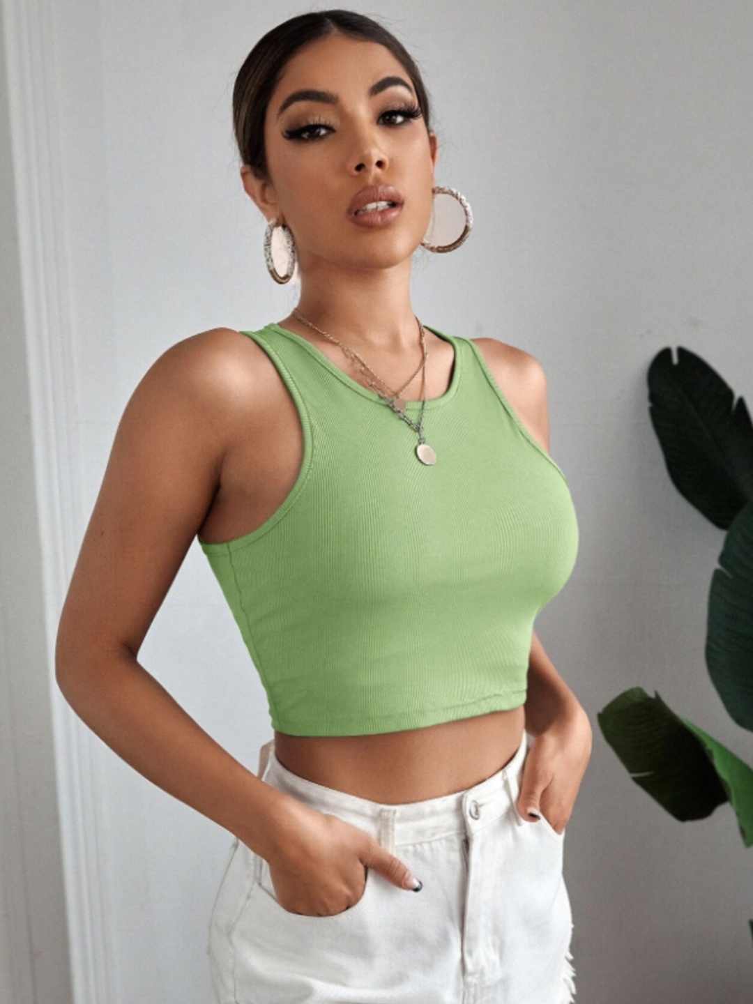 

BAESD Round Neck Opaque Crop Fitted Top, Green