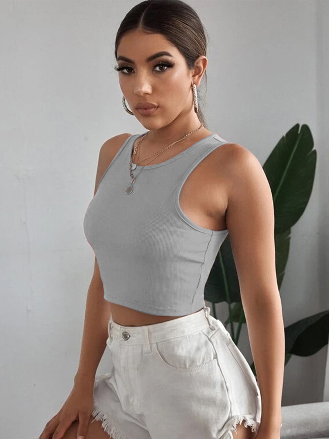 

BAESD Round Neck Opaque Sleeveless Casual Crop Top, Grey