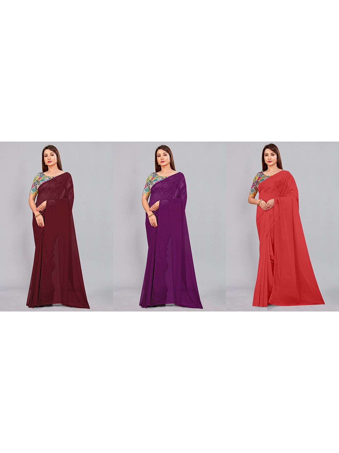 

CastilloFab Selection of 3 Pure Georgette Saree, Maroon