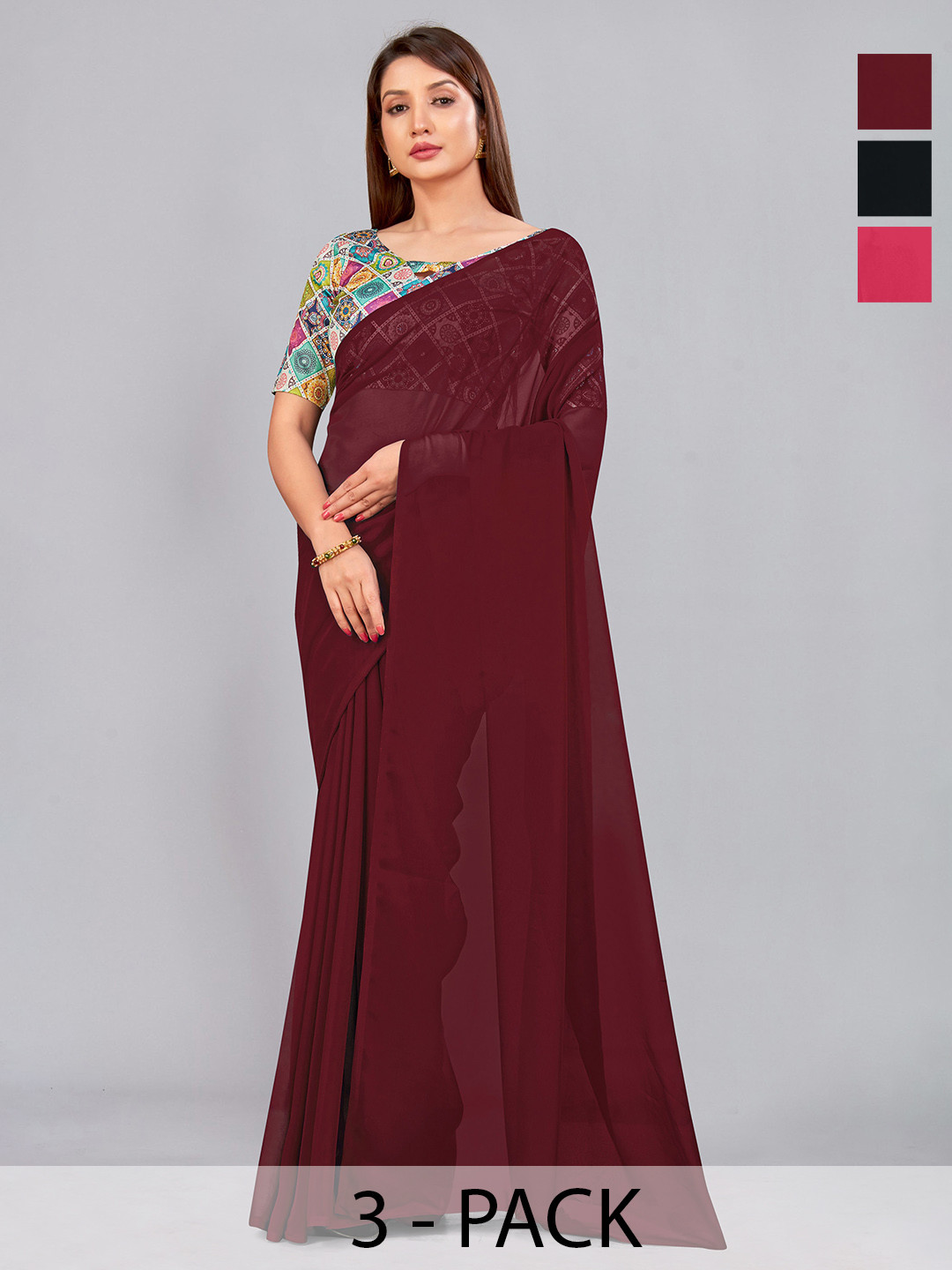 

CastilloFab Selection of 3 Pure Georgette Saree, Maroon