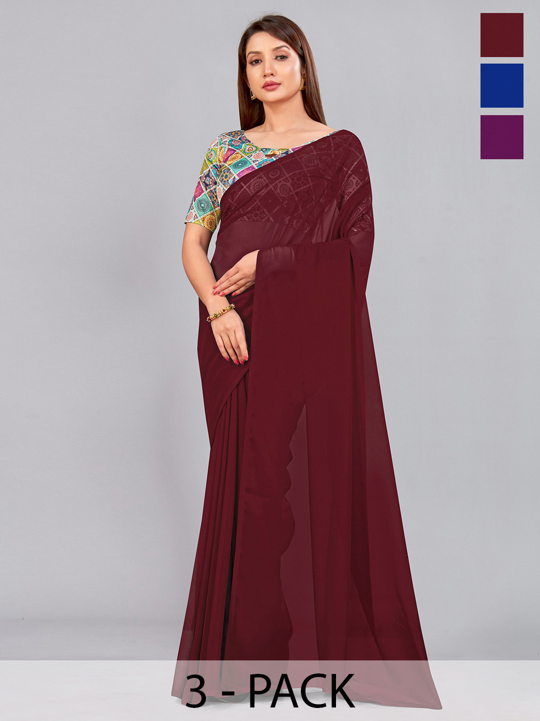 

CastilloFab Selection Of 3 Pure Georgette Saree, Maroon