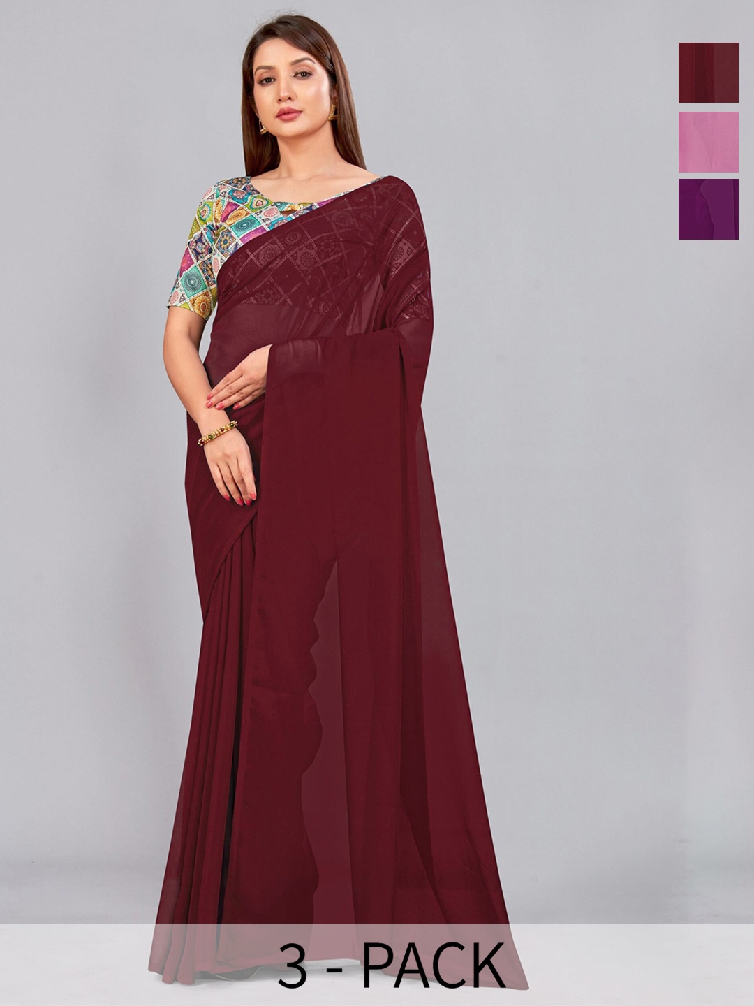 

CastilloFab Selection of 3 Pure Georgette Saree, Maroon