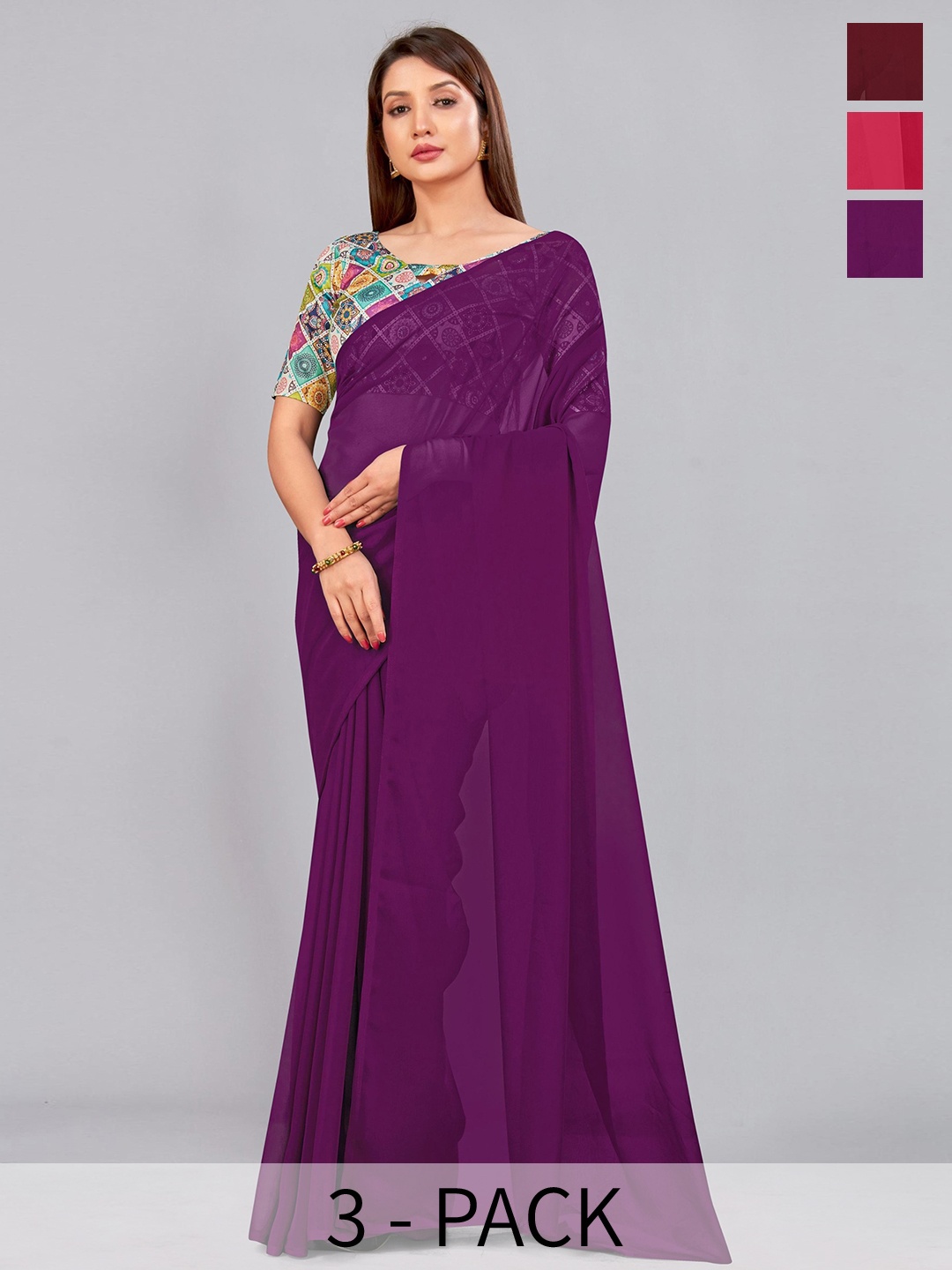 

CastilloFab Selection Of 3 Pure Georgette Saree, Maroon