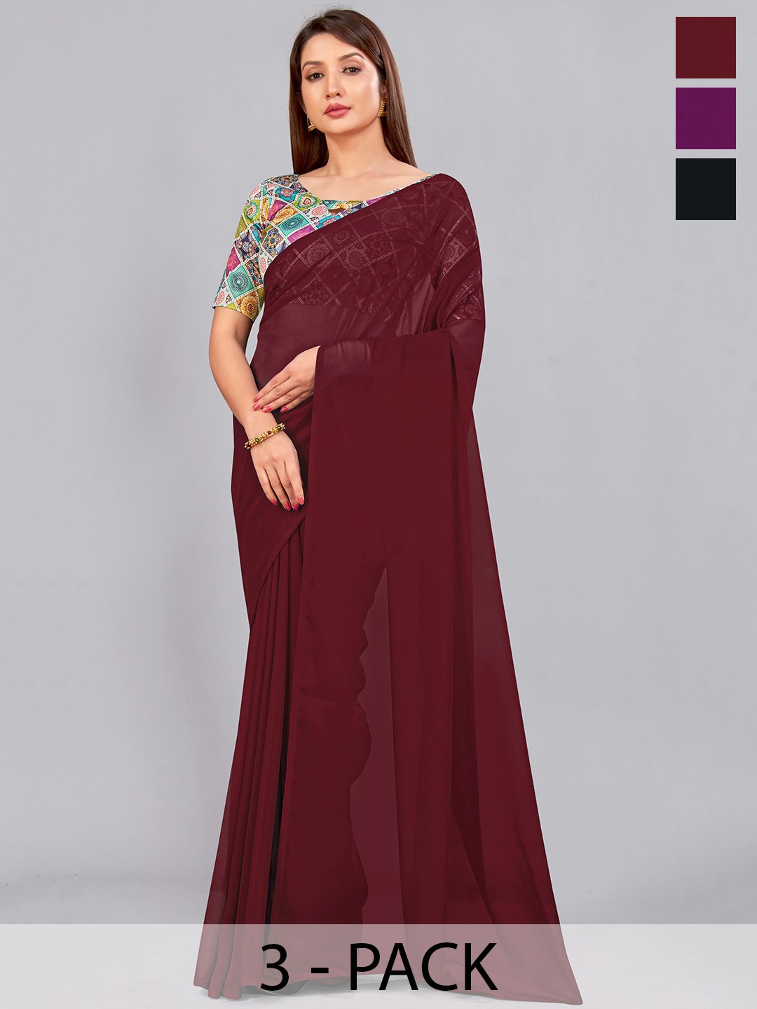 

CastilloFab Selection Of 3 Pure Georgette Saree, Maroon