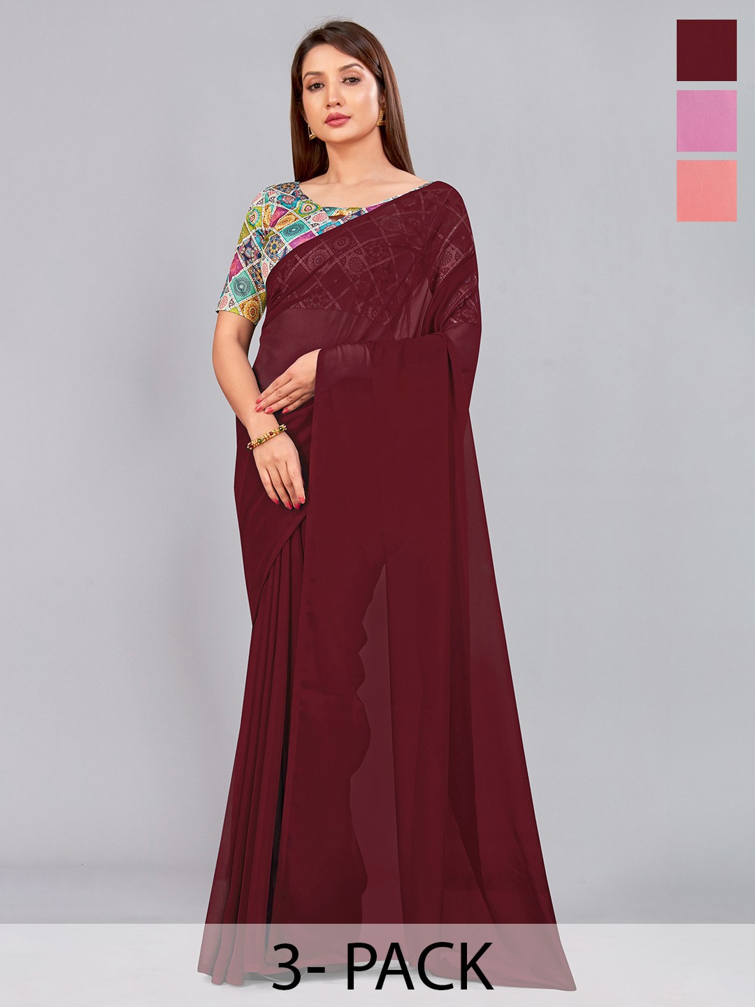 

CastilloFab Selection Of 3 Pure Georgette Saree, Maroon