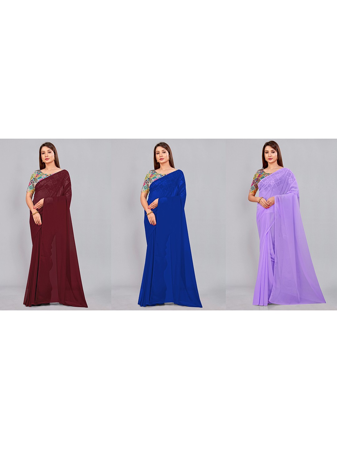 

CastilloFab Selection of 3 Pure Georgette Saree, Maroon