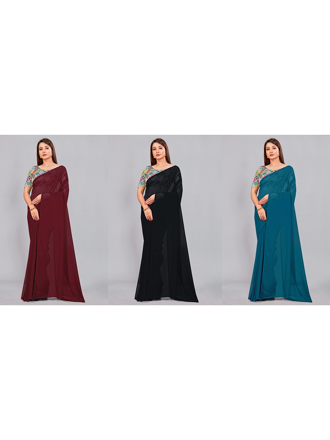 

CastilloFab Selection of 3 Pure Georgette Saree, Maroon