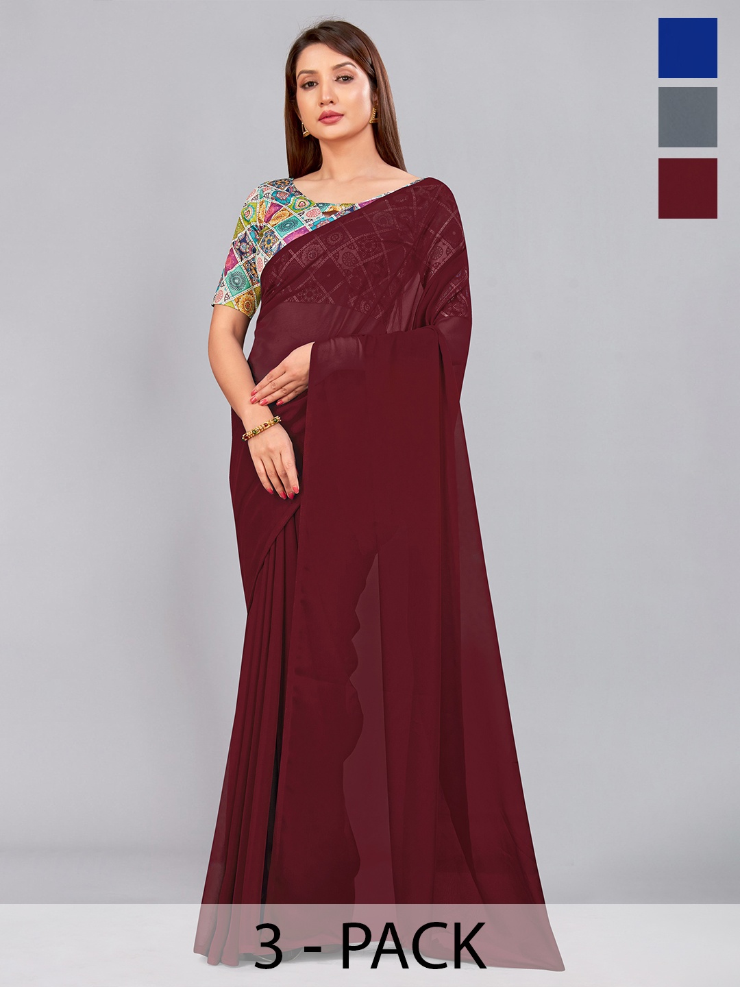 

CastilloFab Selection Of 3 Pure Georgette Saree, Maroon