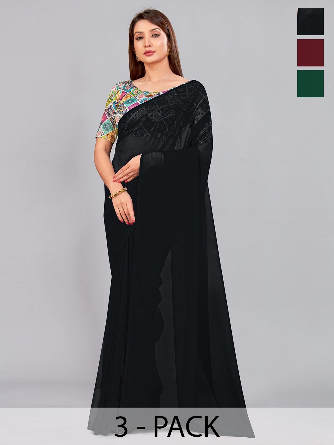 

CastilloFab Selection of 3 Pure Georgette Saree, Maroon