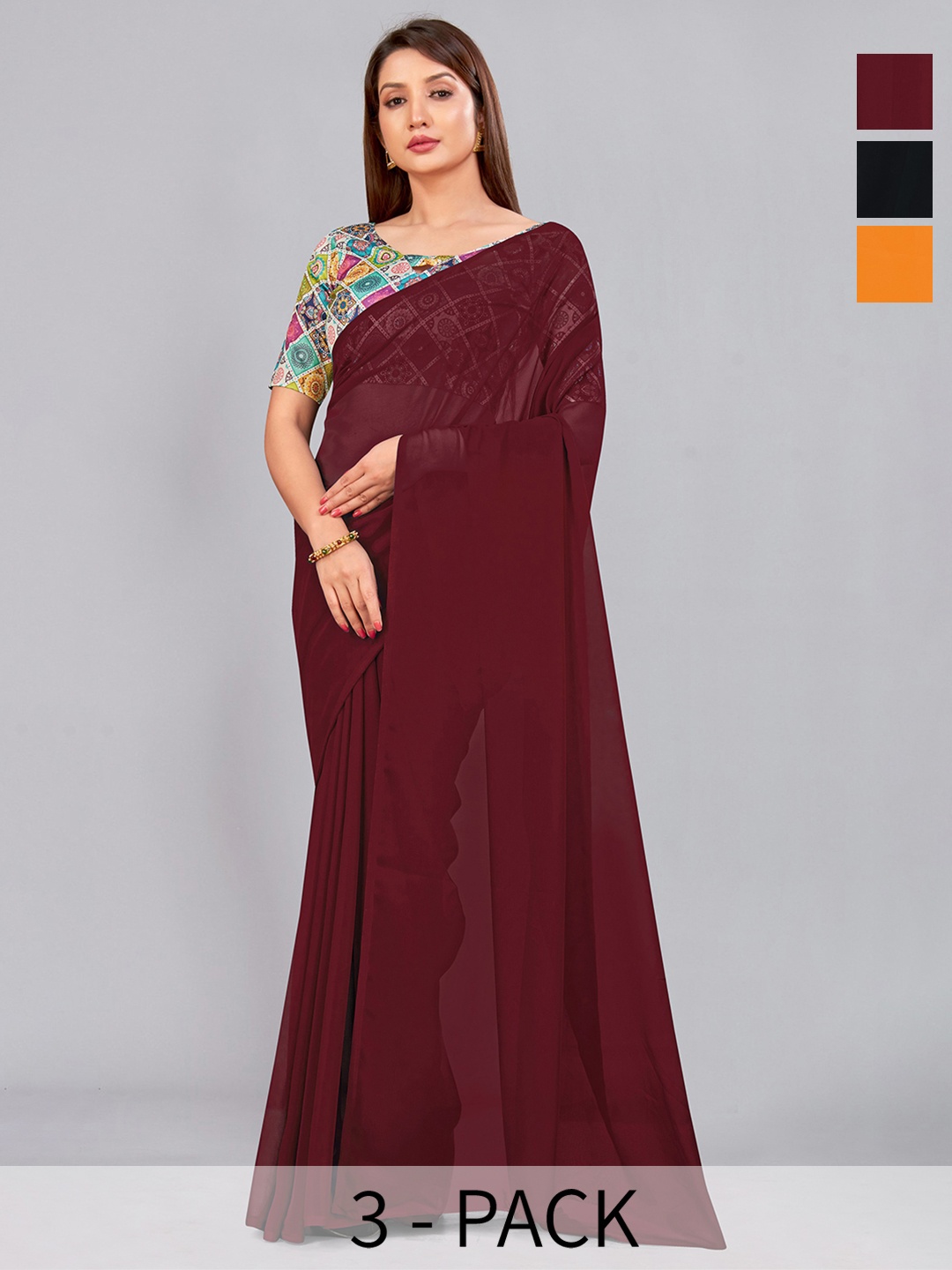 

CastilloFab Selection of 3 Pure Georgette Saree, Maroon