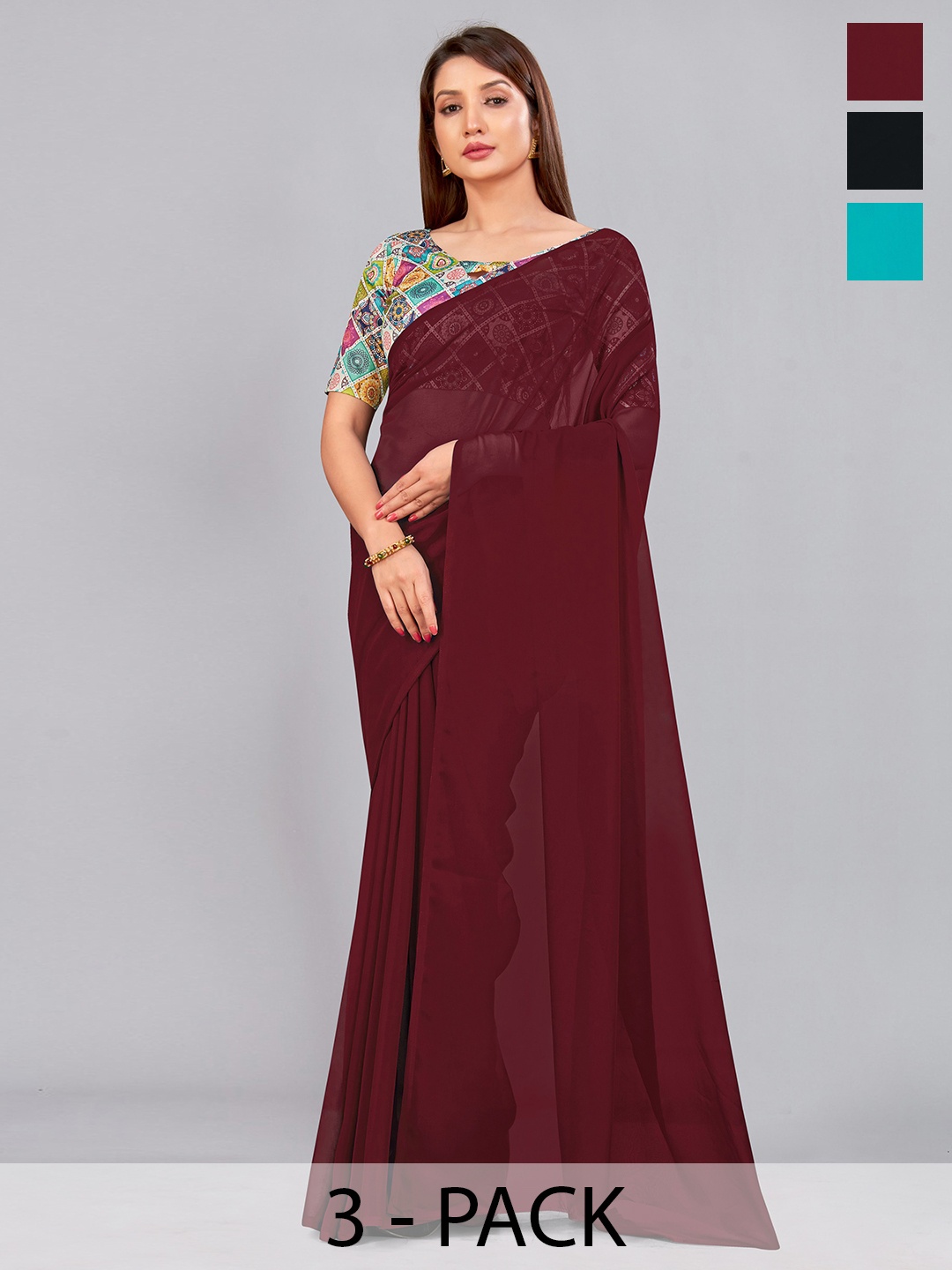 

CastilloFab Selection Of 3 Pure Georgette Saree, Maroon