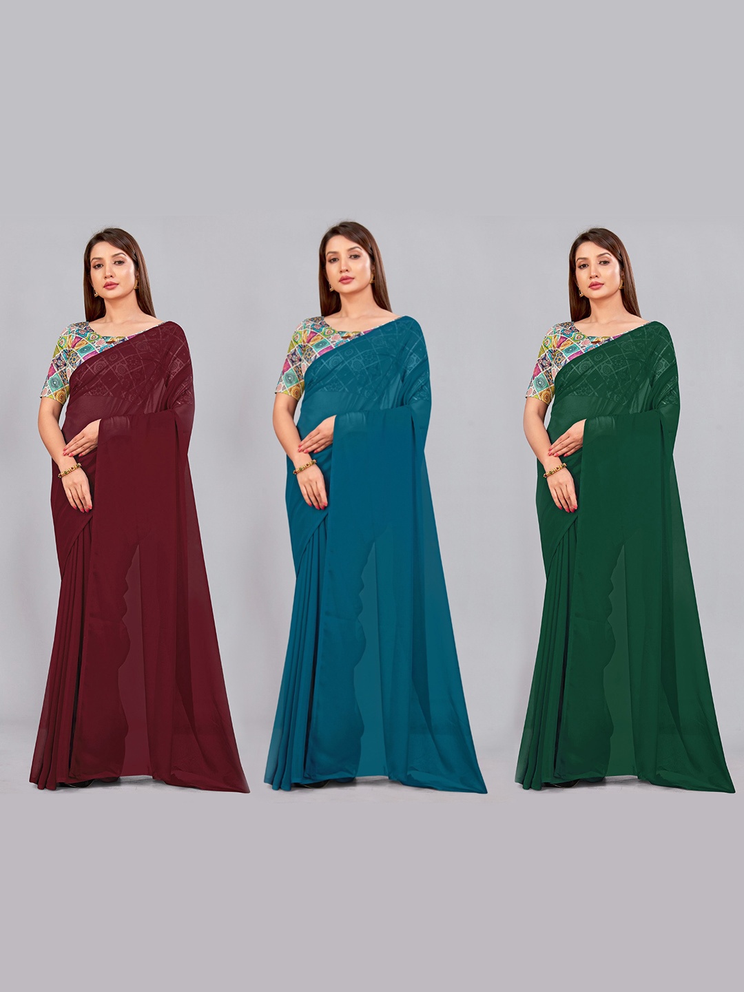 

CastilloFab Selection of 3 Pure Georgette Saree, Maroon