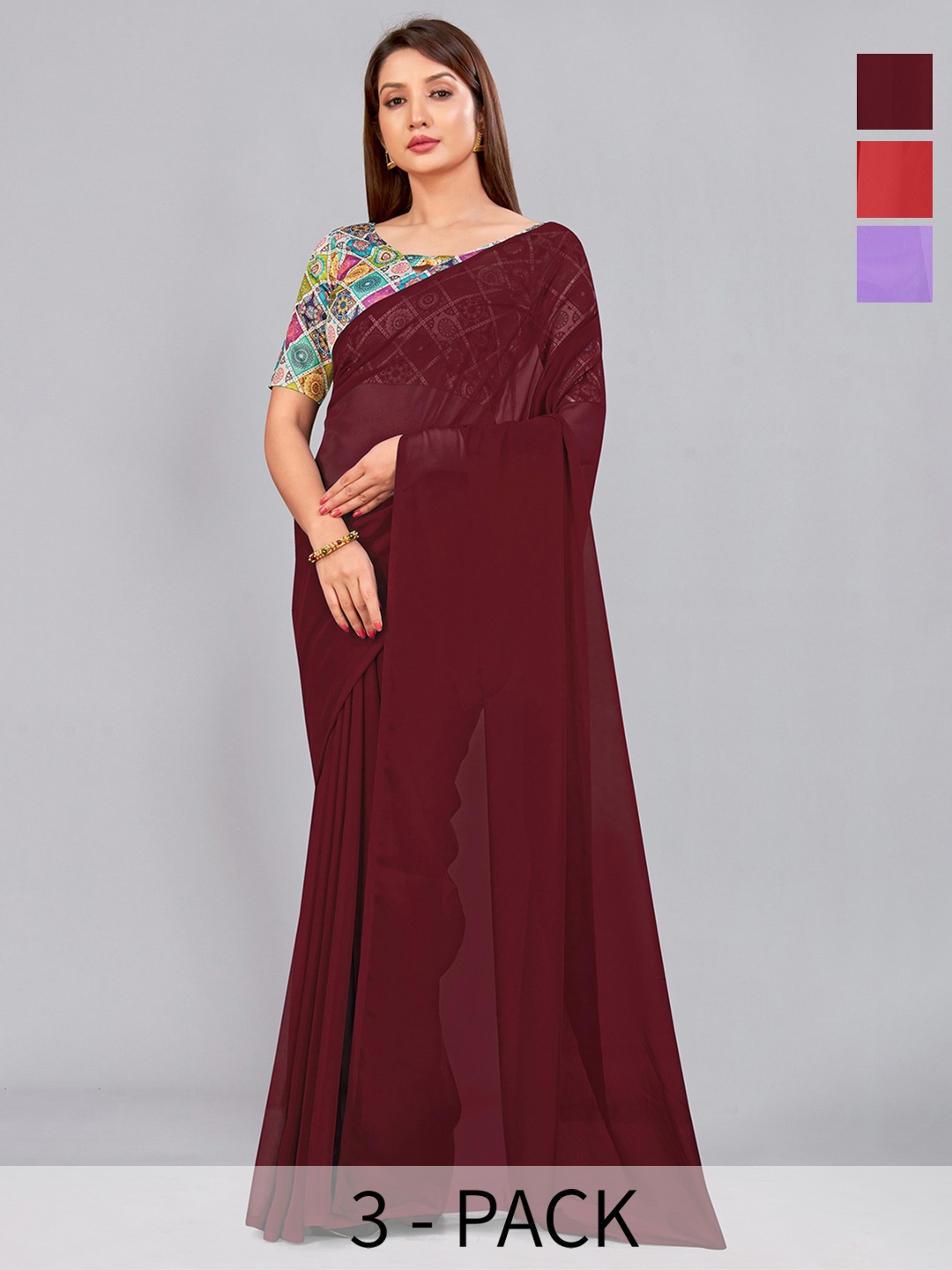 

CastilloFab Selection Of 3 Pure Georgette Sarees, Maroon