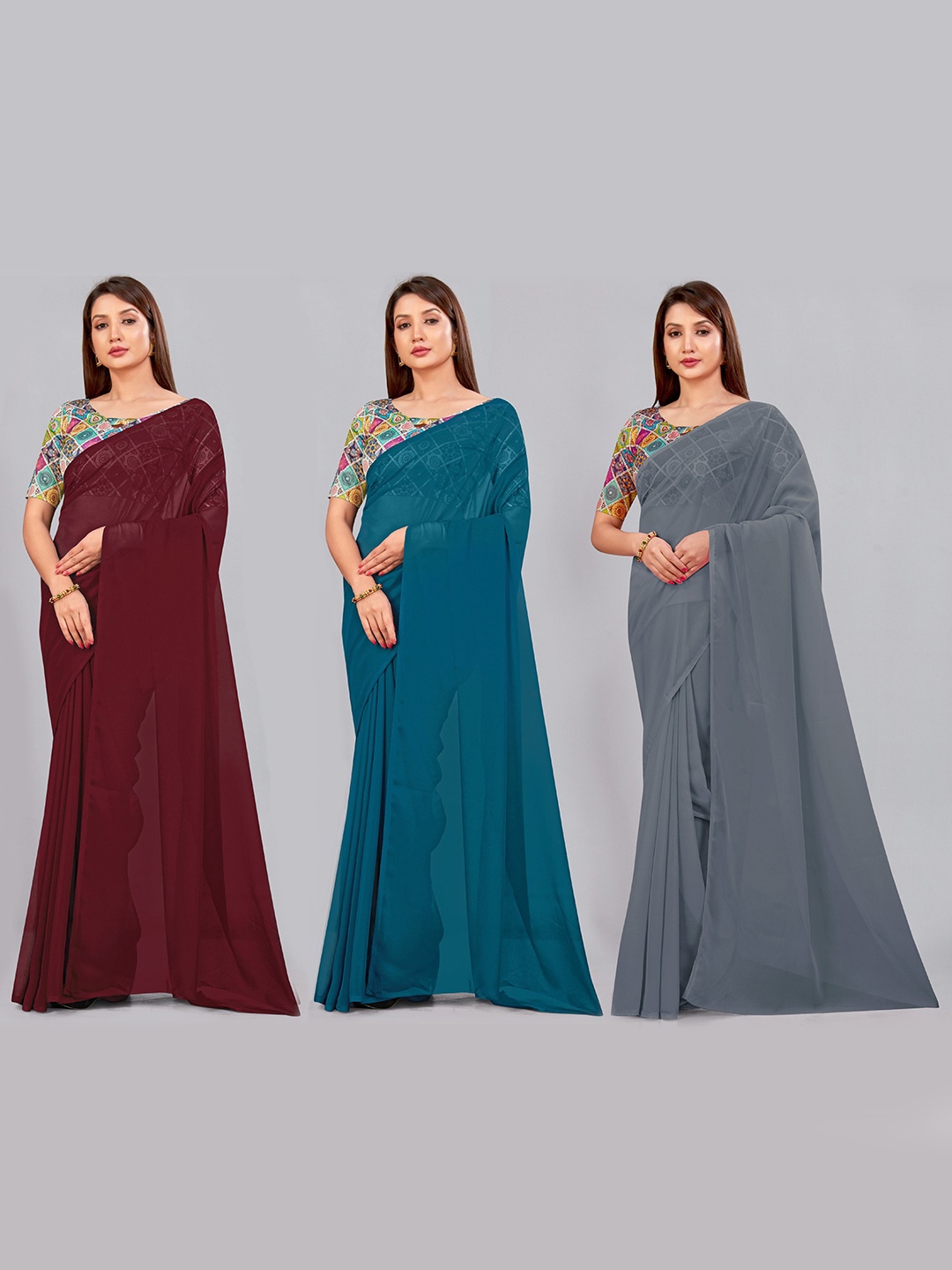 

CastilloFab Selection of 3 Pure Georgette Saree, Maroon