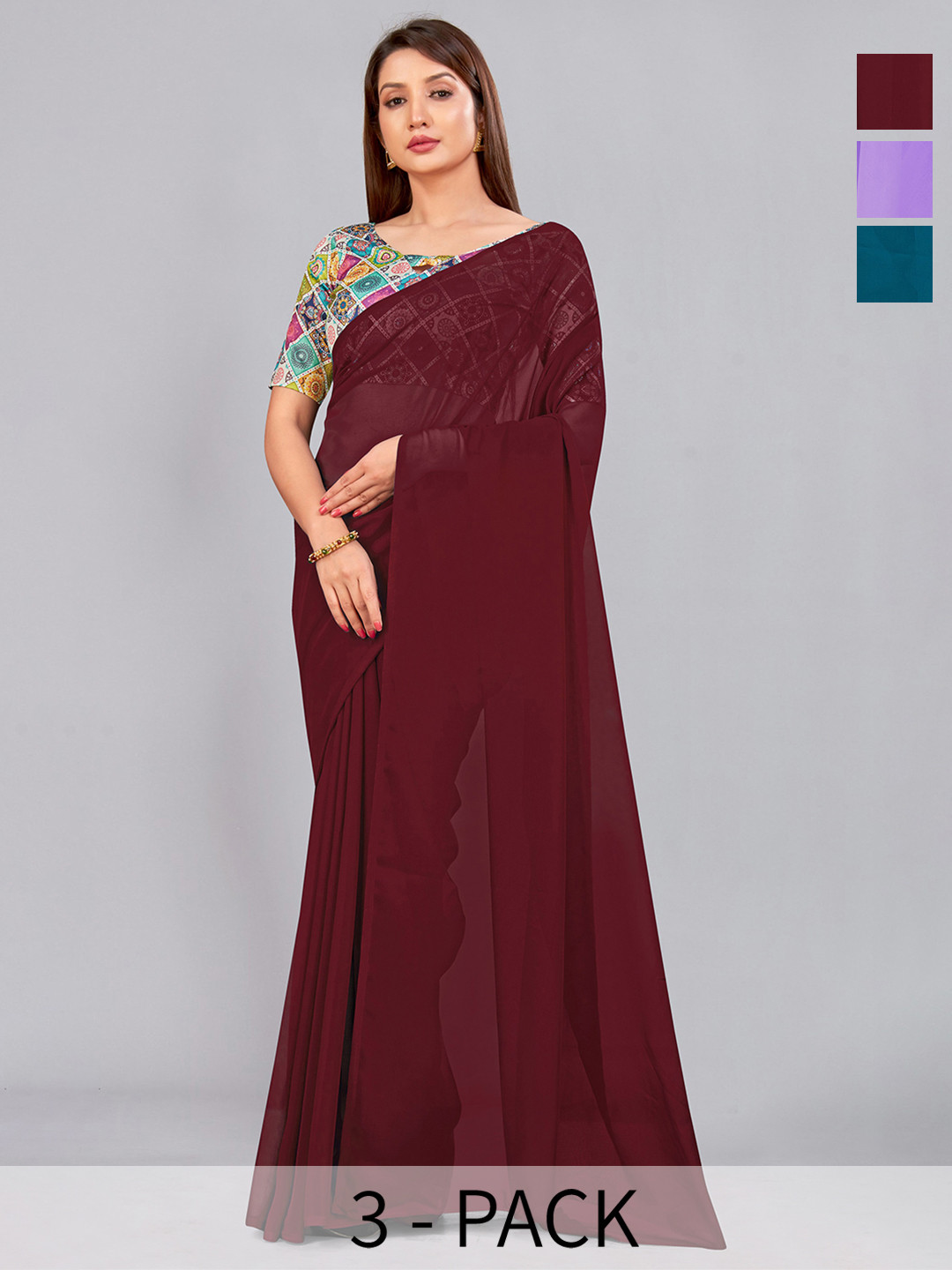 

CastilloFab Selection Of 3 Pure Georgette Sarees, Maroon