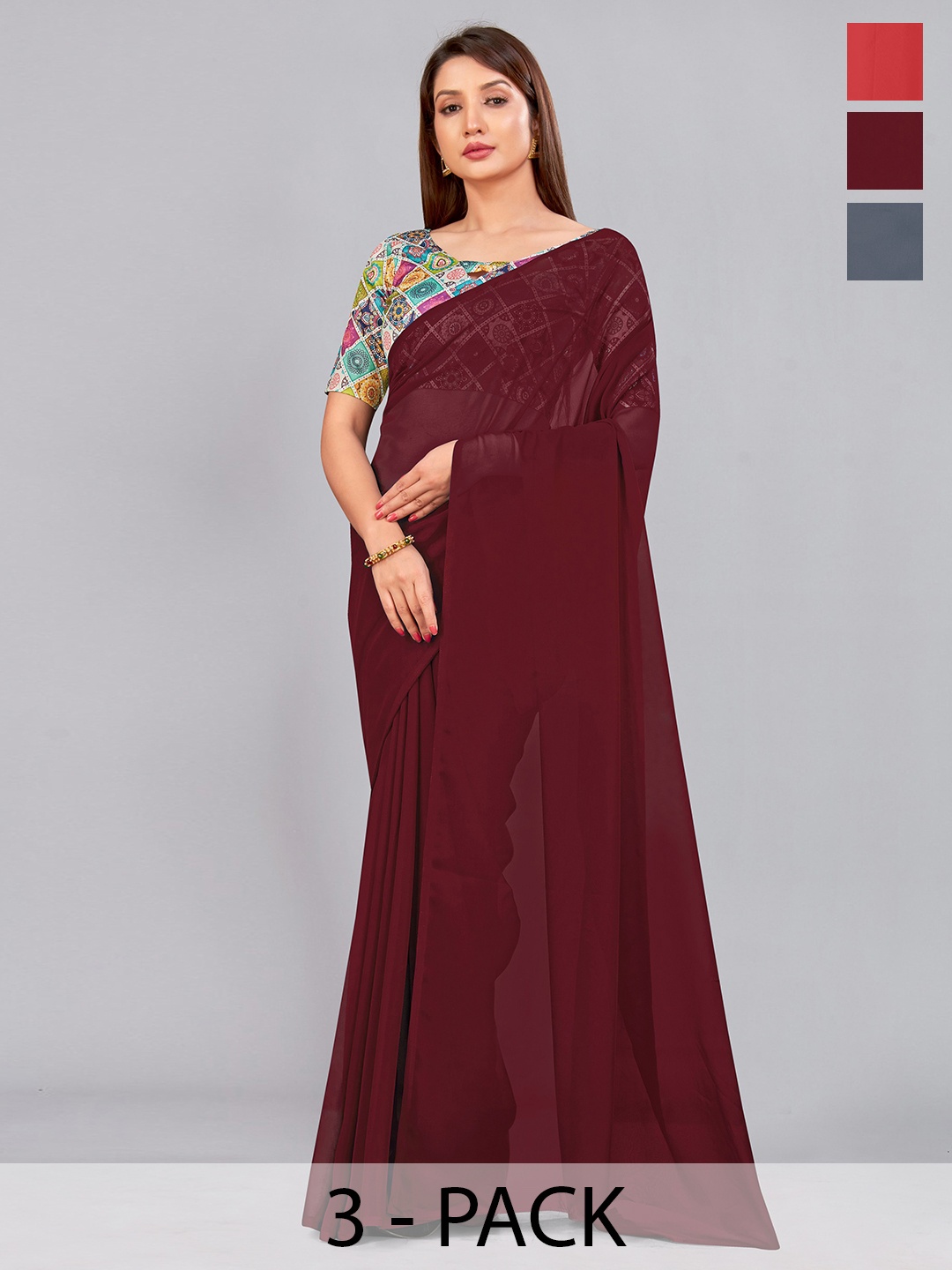 

CastilloFab Selection Of 3 Pure Georgette Saree, Maroon