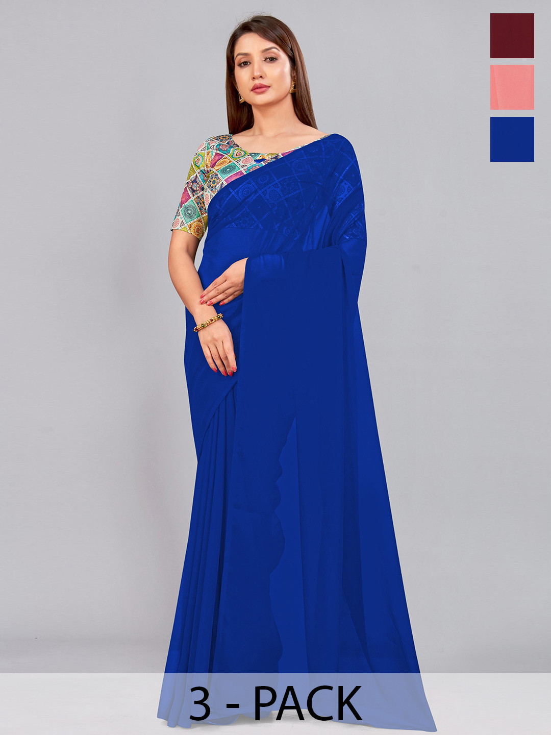 

CastilloFab Selection Of 3 Pure Georgette Saree, Maroon