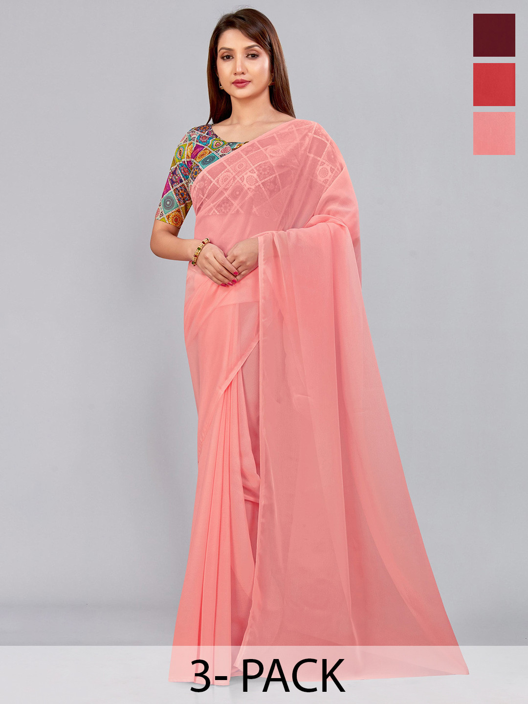 

CastilloFab Selection Of 3 Pure Georgette Saree, Maroon