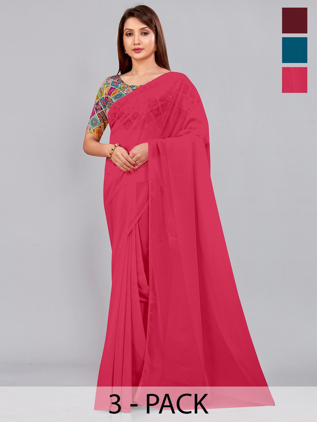 

CastilloFab Selection Of 3 Pure Georgette Saree, Maroon