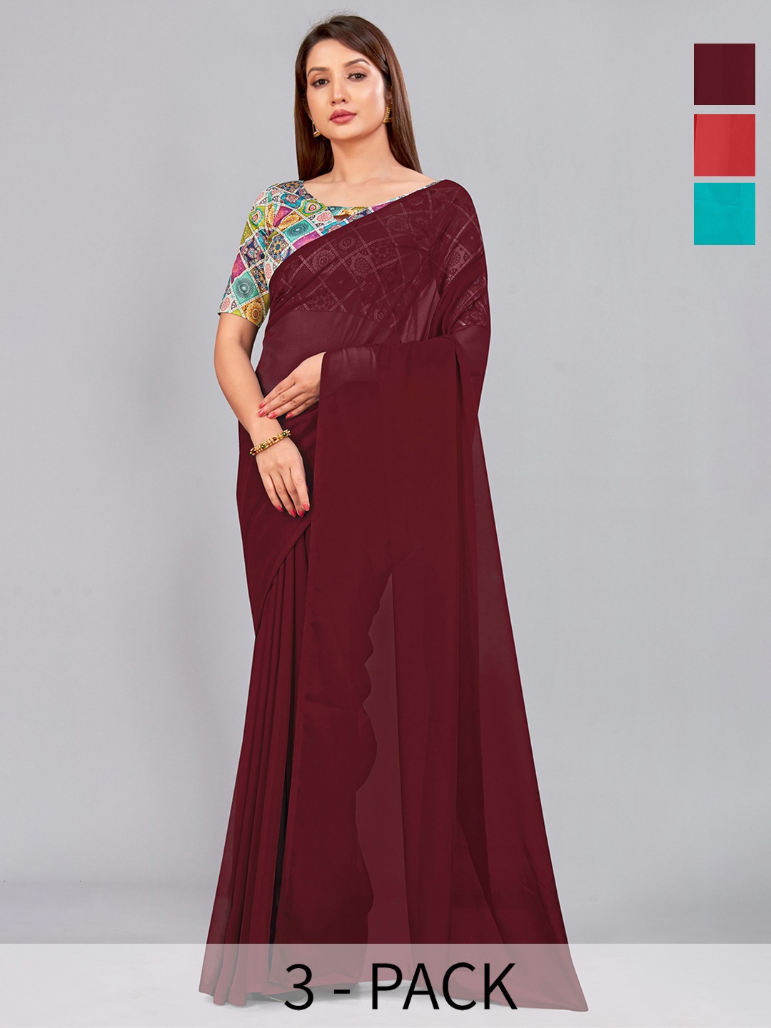 

CastilloFab Selection of 3 Pure Georgette Saree, Maroon