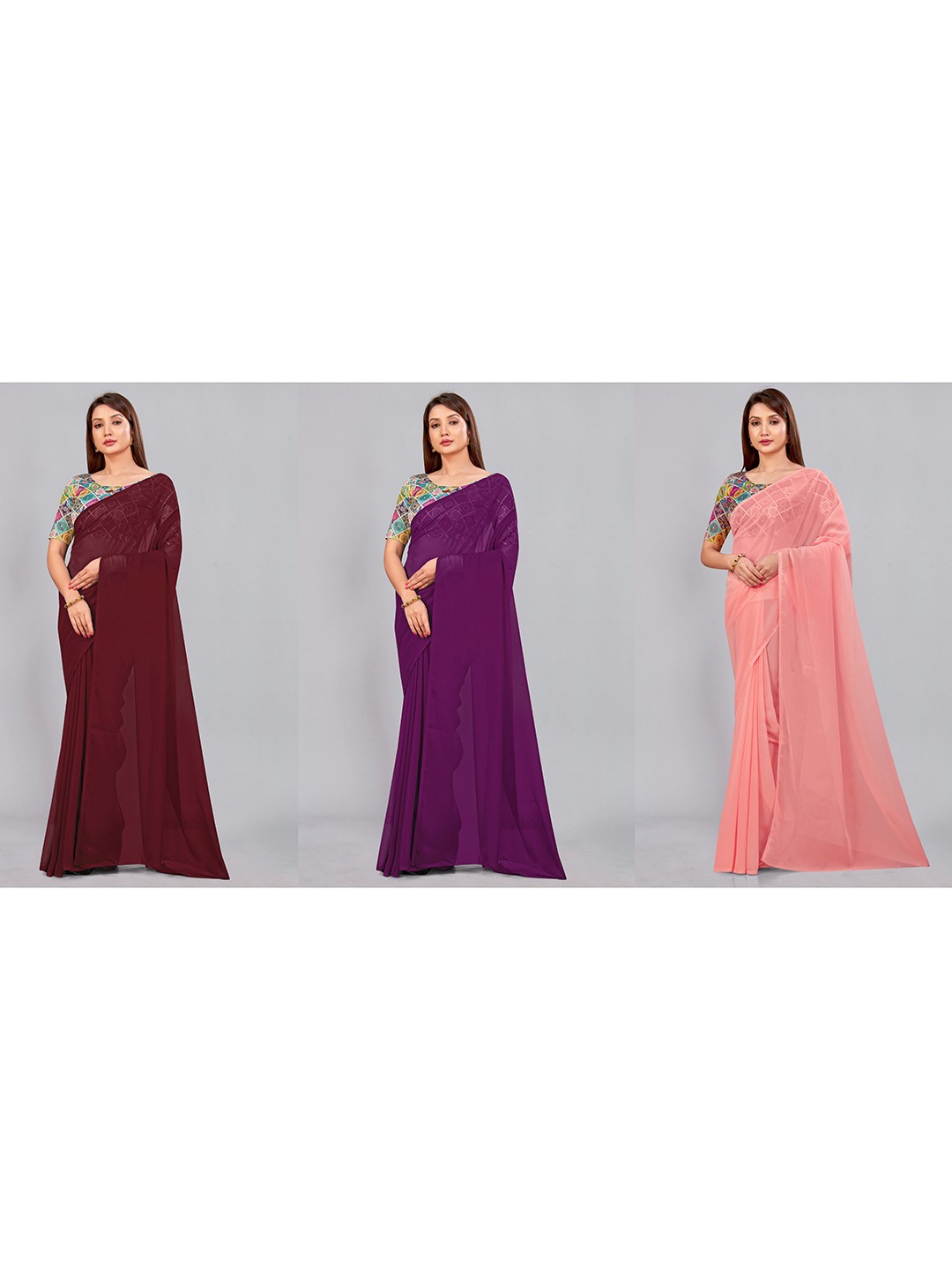 

CastilloFab Selection of 3 Pure Georgette Saree, Maroon