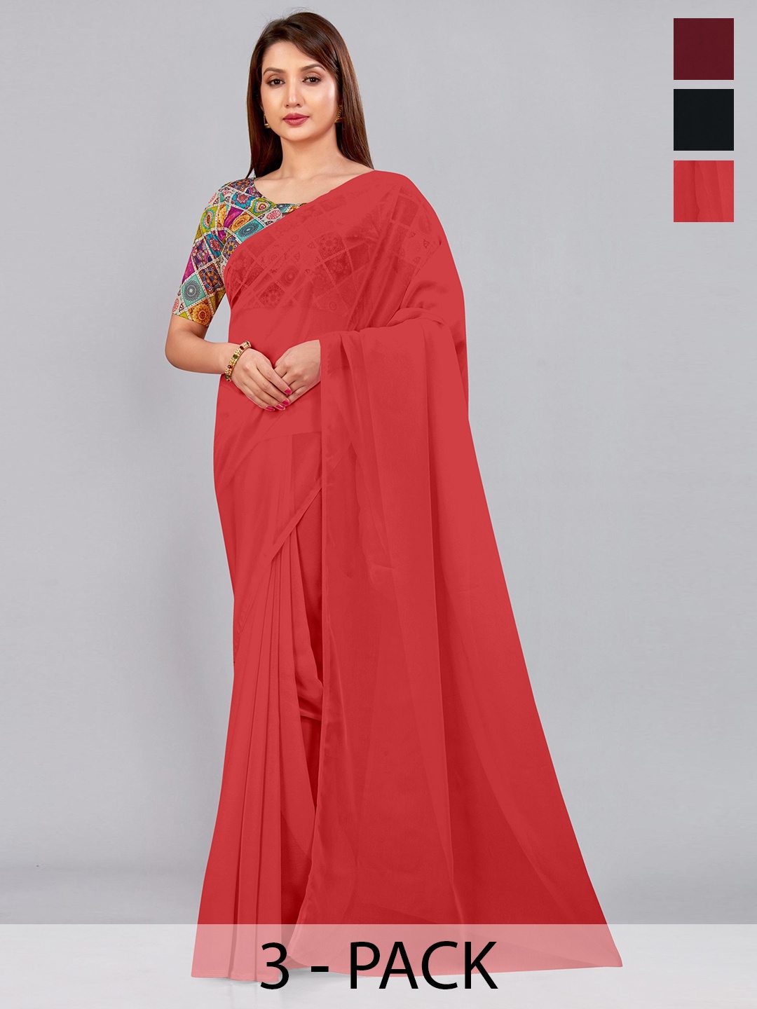 

CastilloFab Selection Of 3 Pure Georgette Saree, Maroon