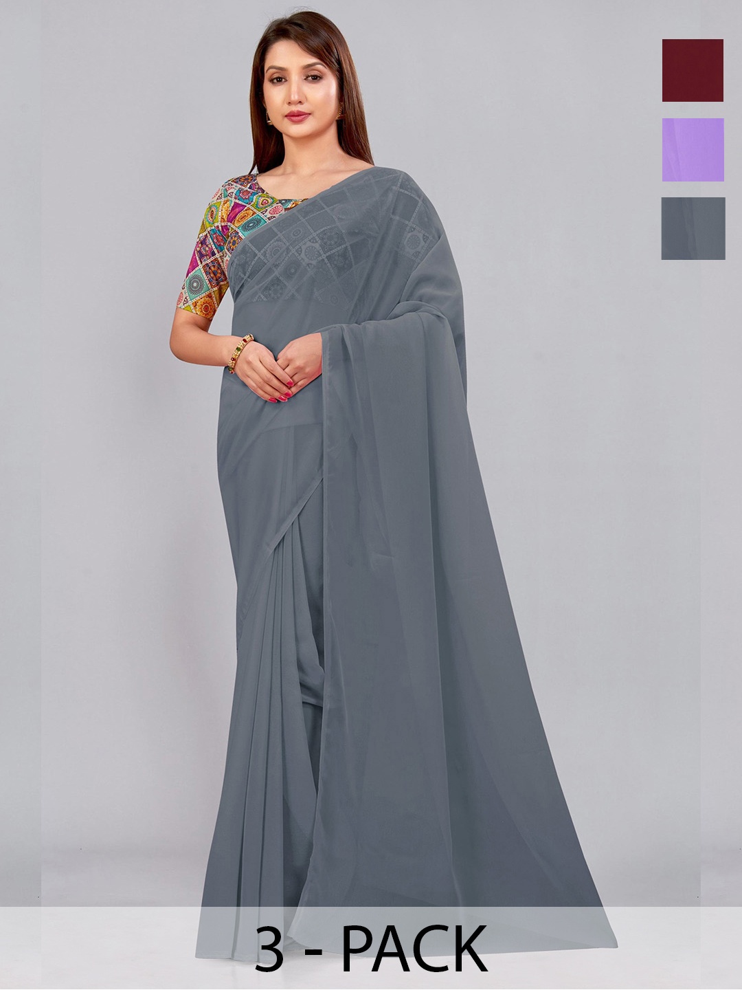 

CastilloFab Selection Of 3 Pure Georgette Saree, Maroon